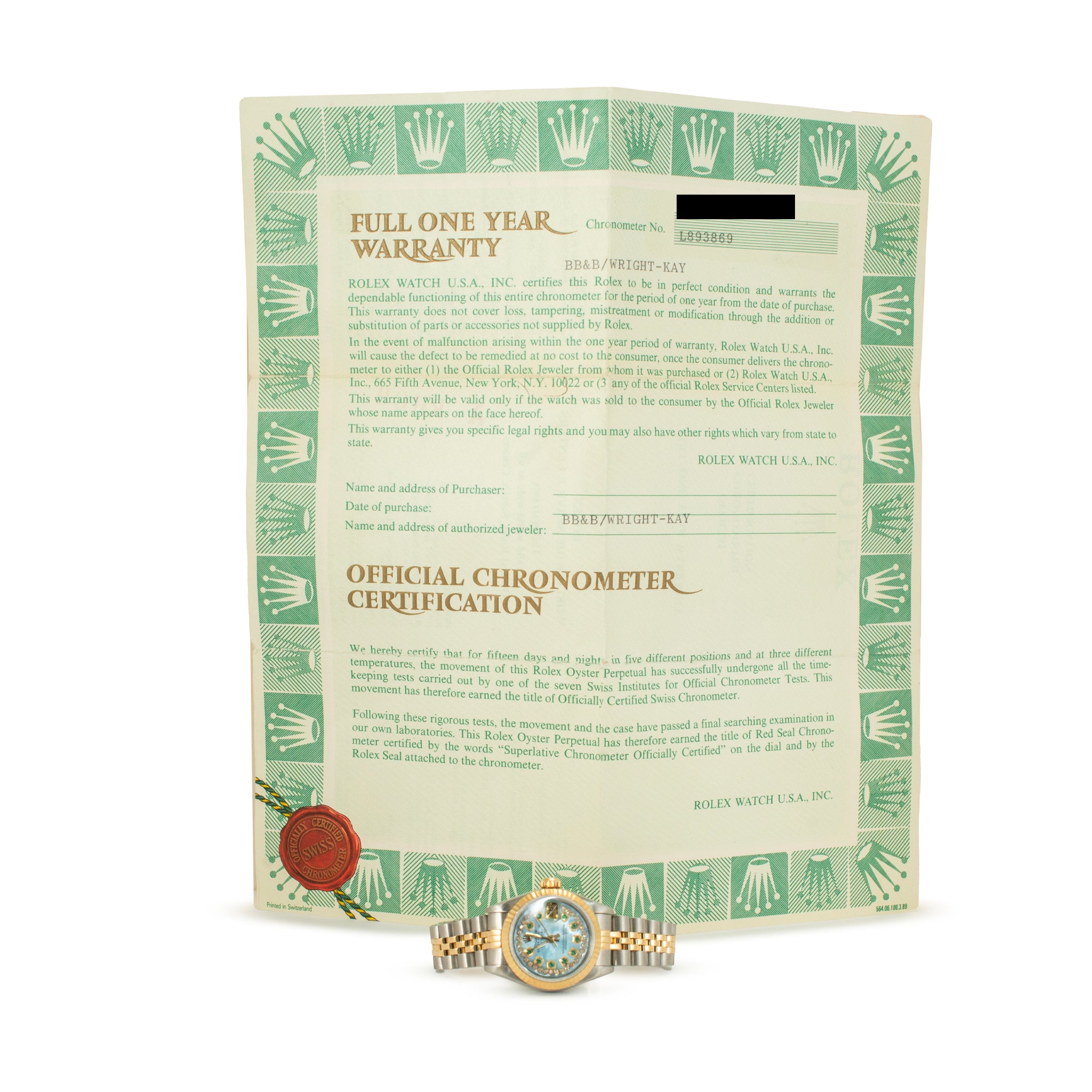 Ladies Rolex Datejust 26MM 69173 Mop Emerlad Diamond Jubilee Gold Steel Watch