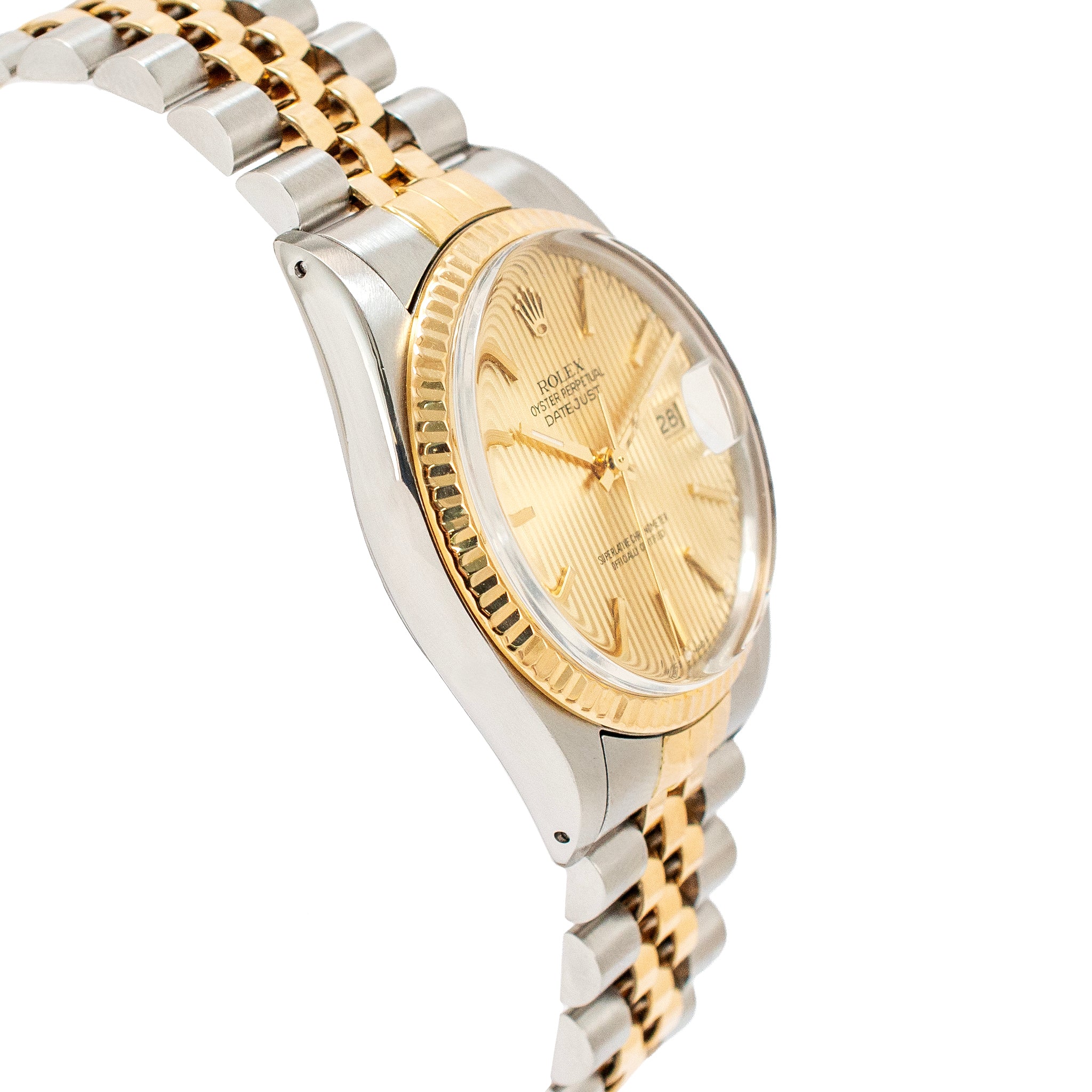 Rolex Datejust 36MM 16013 Champagne Tapestry Jubilee Fluted 18K Gold Steel Watch