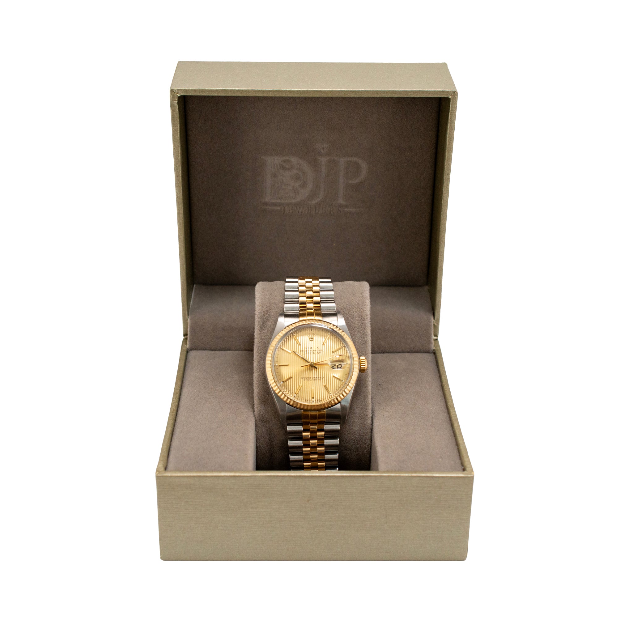 Rolex Datejust 36MM 16013 Champagne Tapestry Jubilee Fluted 18K Gold Steel Watch