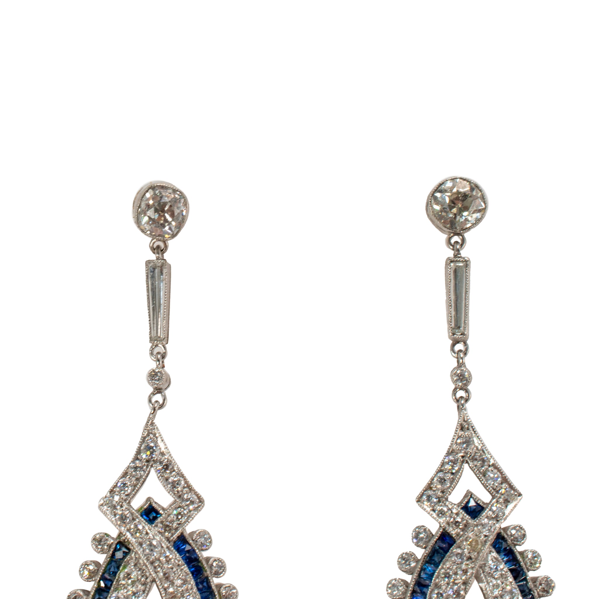 Antique Art Deco Platinum Old European Diamond and Sapphire Stud Dangle Earrings