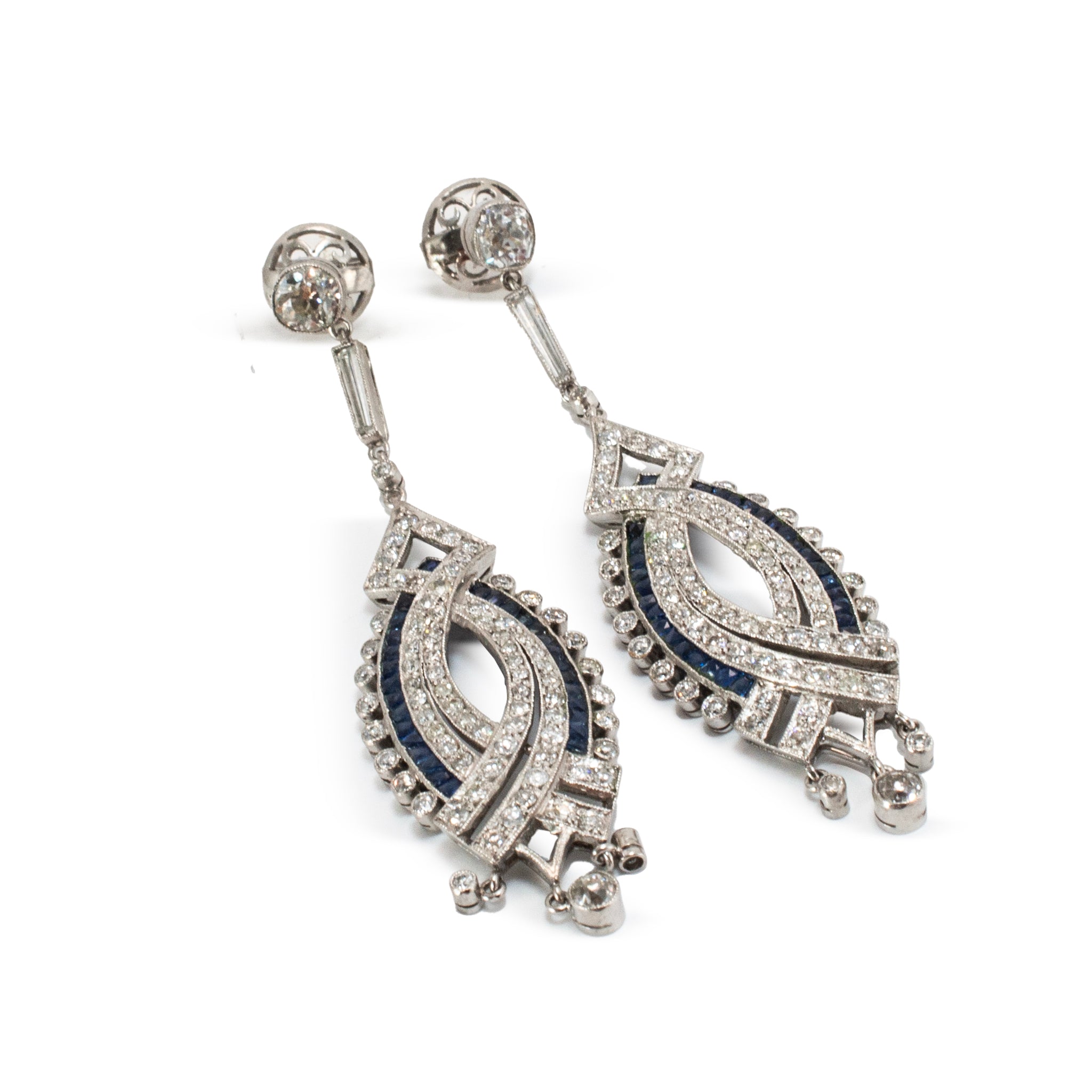 Antique Art Deco Platinum Old European Diamond and Sapphire Stud Dangle Earrings