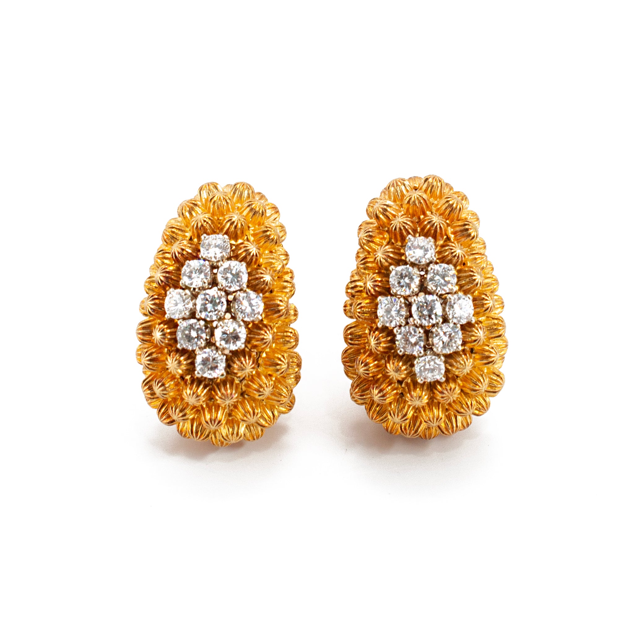 Vintage 18K Yellow Gold Diamond Domed Beaded Design Clip on Dangle Earrings