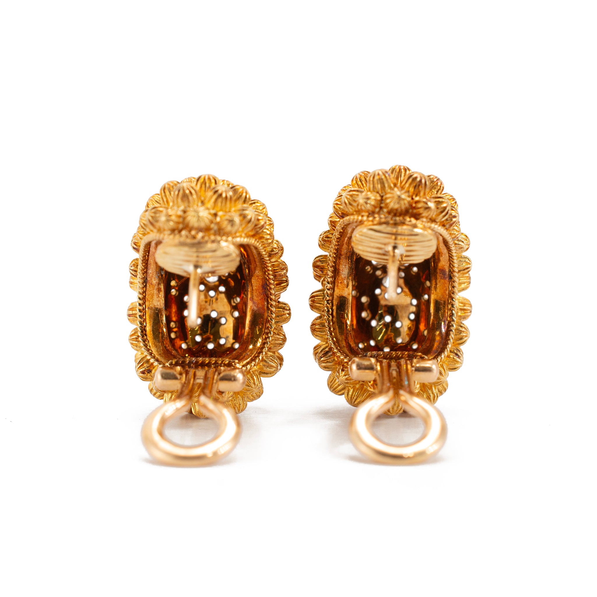 Vintage 18K Yellow Gold Diamond Domed Beaded Design Clip on Dangle Earrings