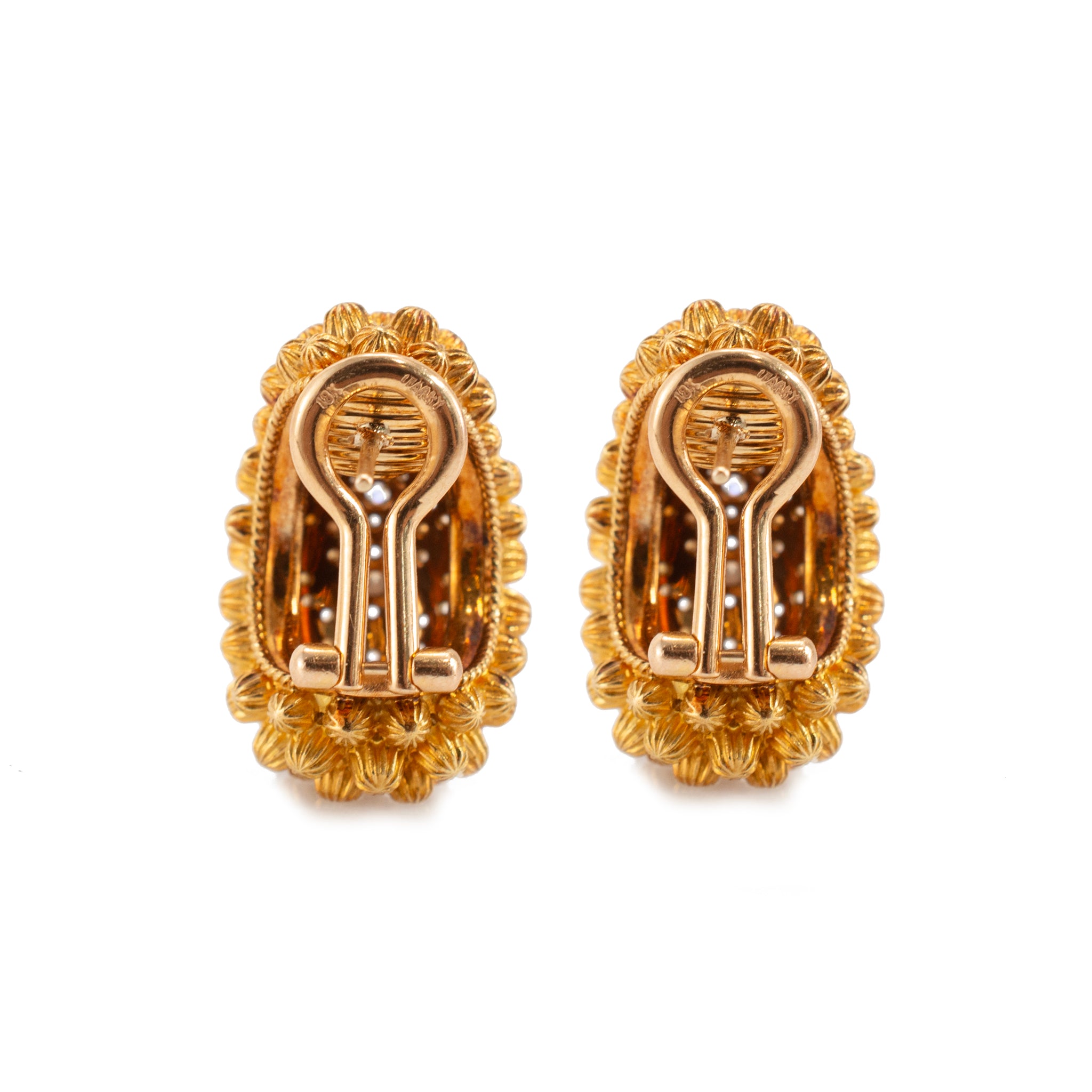 Vintage 18K Yellow Gold Diamond Domed Beaded Design Clip on Dangle Earrings