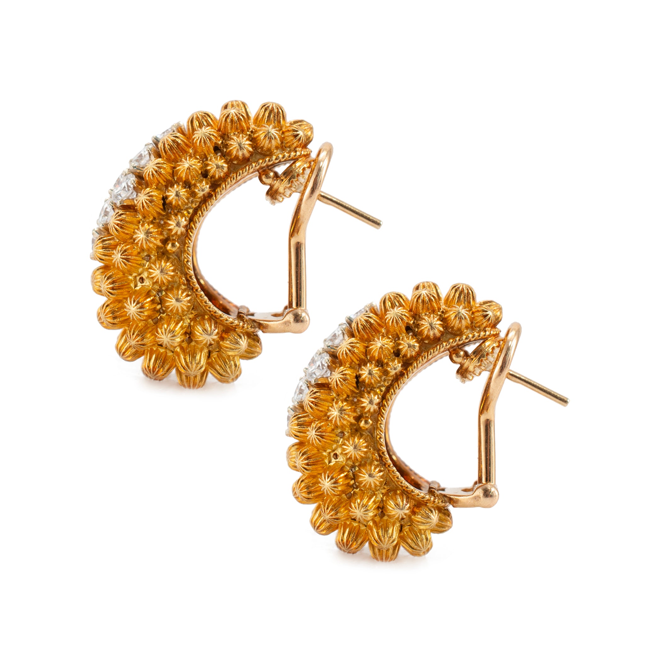 Vintage 18K Yellow Gold Diamond Domed Beaded Design Clip on Dangle Earrings