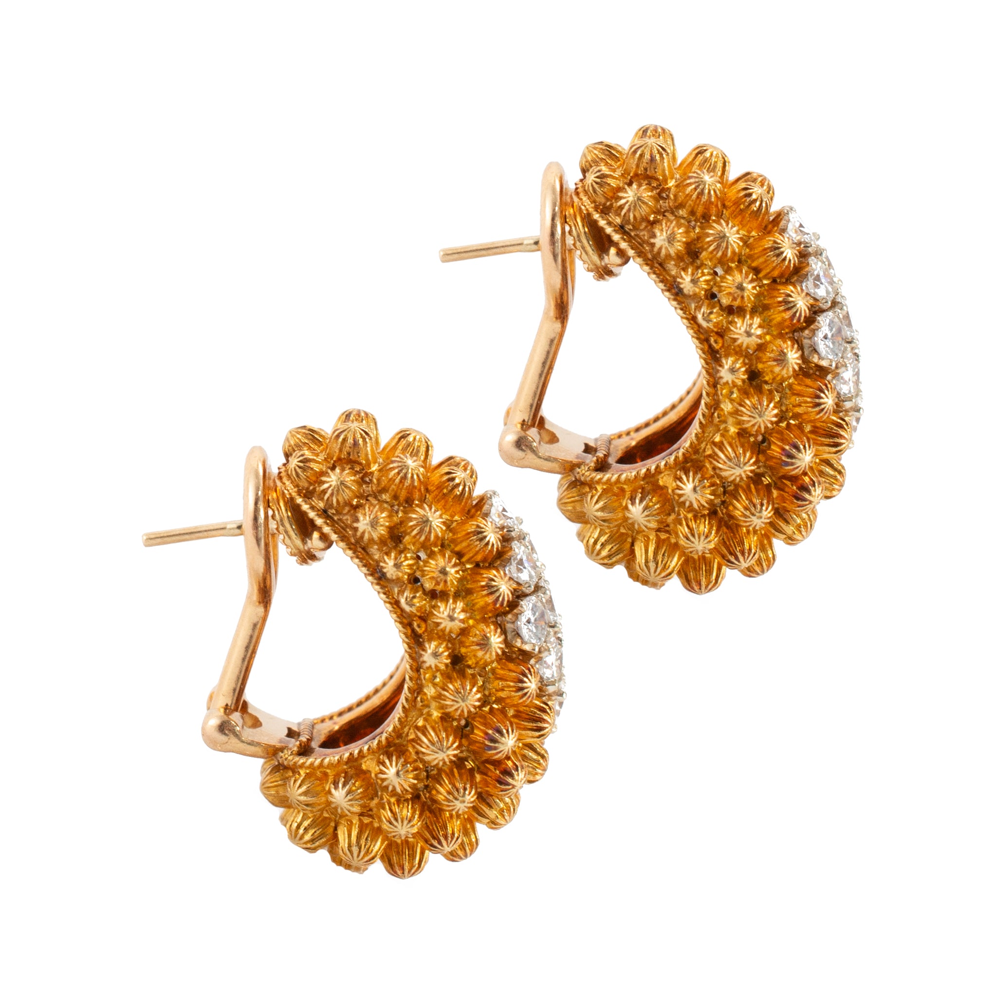 Vintage 18K Yellow Gold Diamond Domed Beaded Design Clip on Dangle Earrings