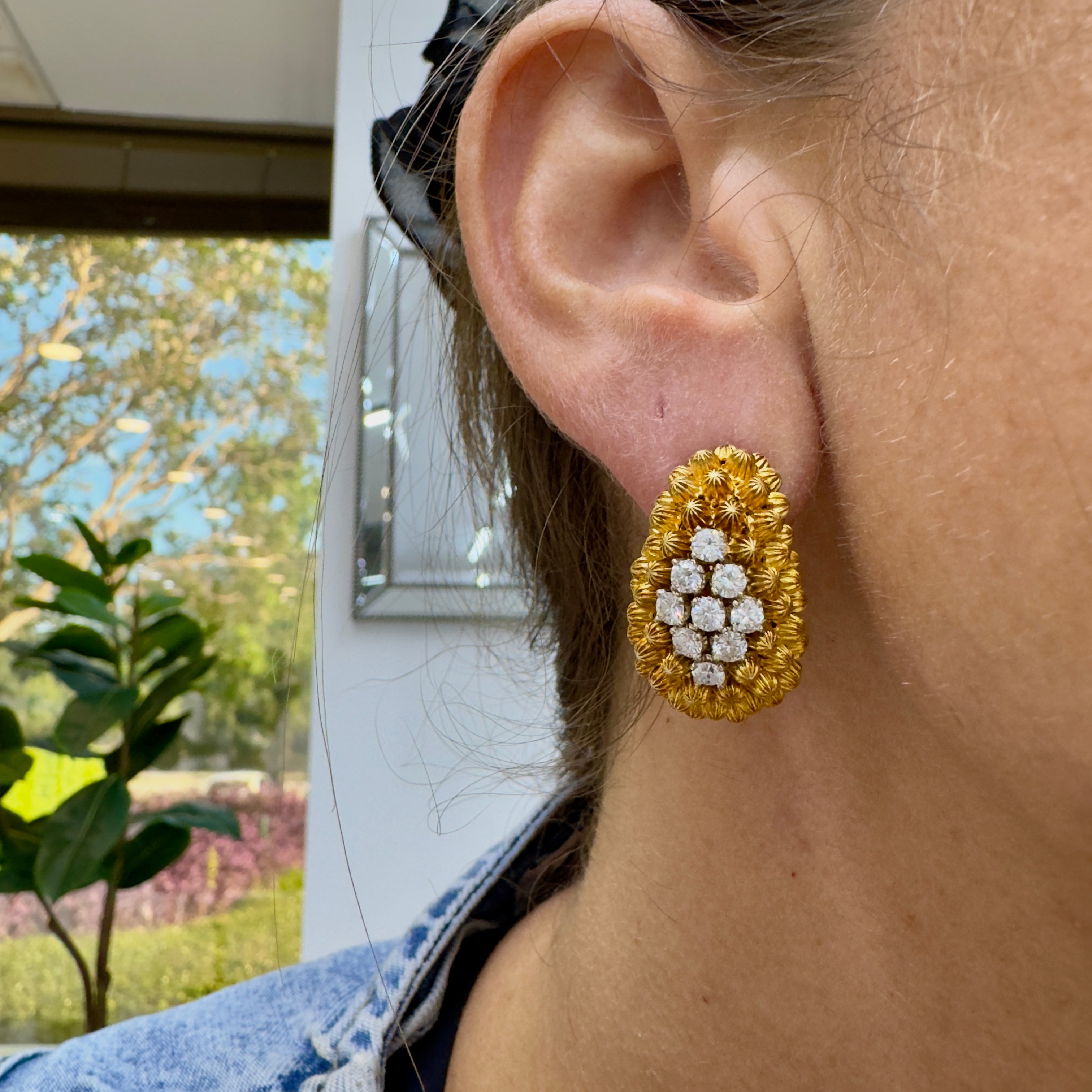 Vintage 18K Yellow Gold Diamond Domed Beaded Design Clip on Dangle Earrings