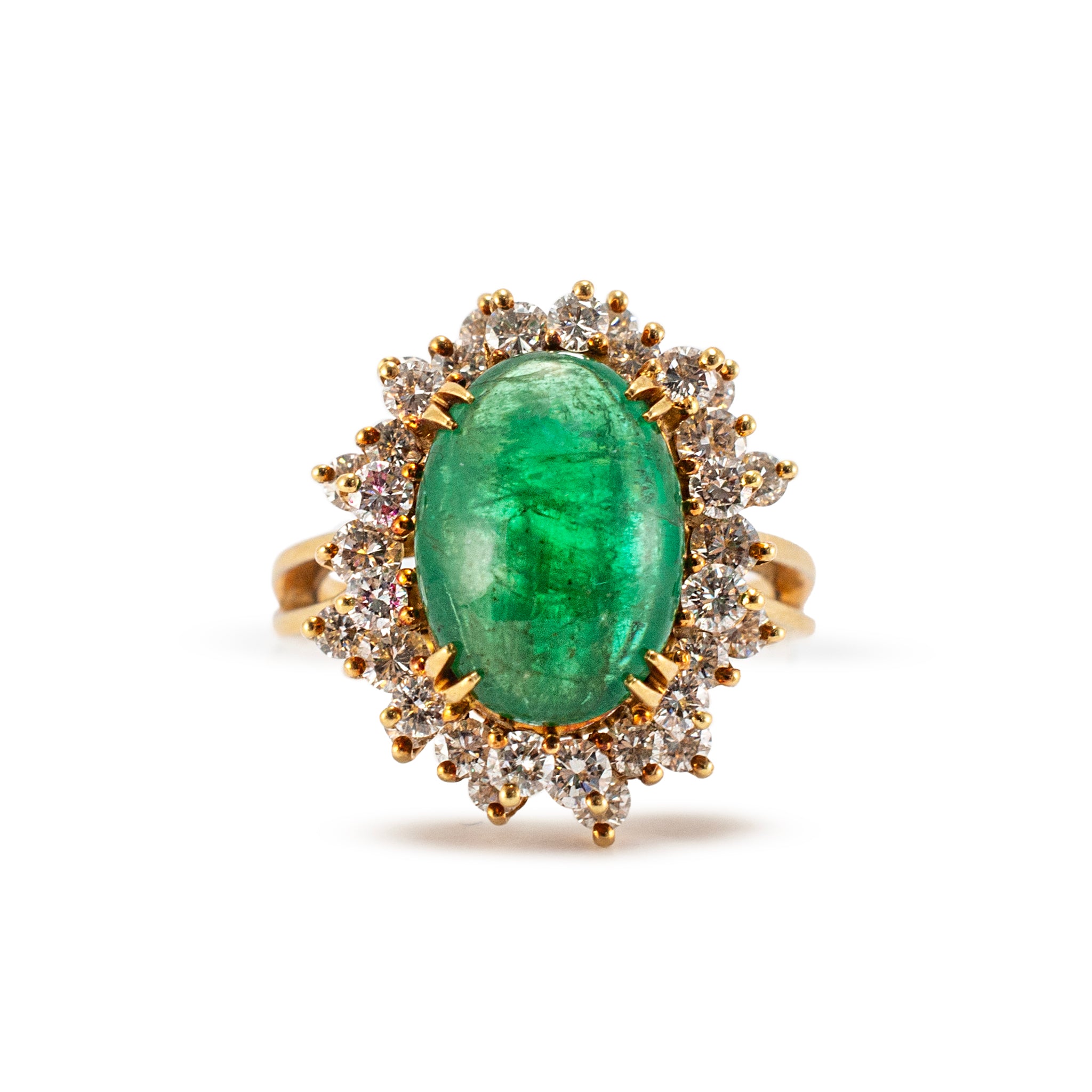 Vintage 18K Yellow Gold GIA Emerald Halo Diamond Cocktail Ring