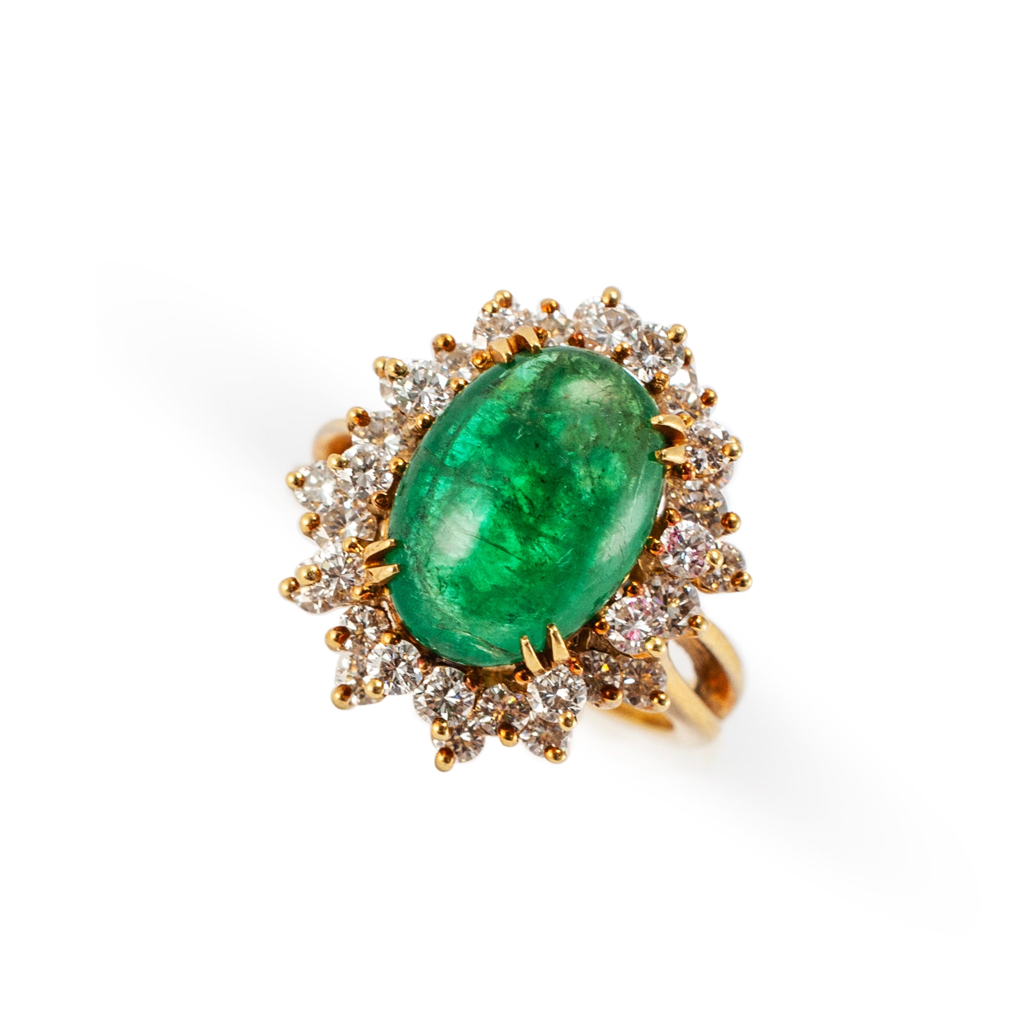Vintage 18K Yellow Gold GIA Emerald Halo Diamond Cocktail Ring