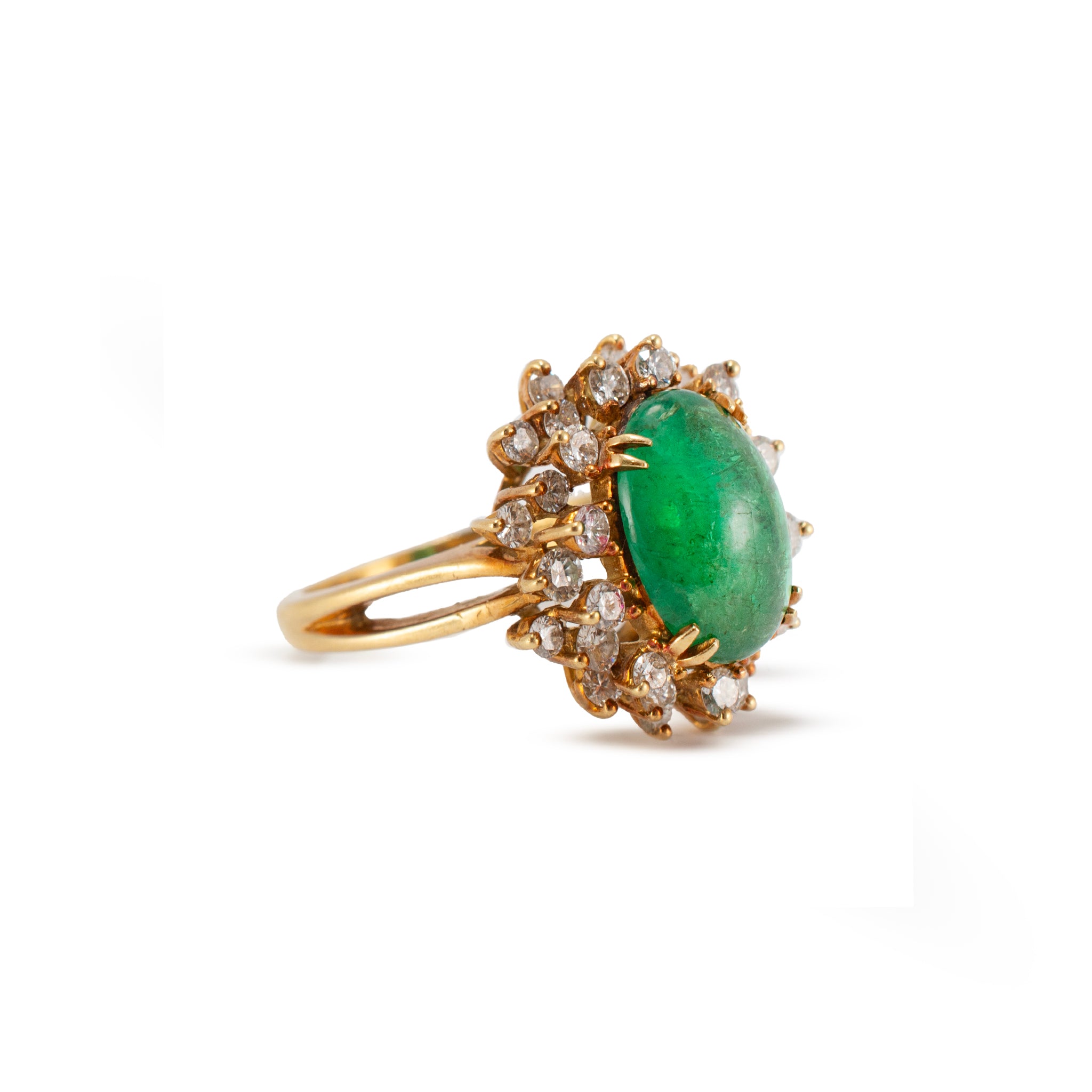 Vintage 18K Yellow Gold GIA Emerald Halo Diamond Cocktail Ring