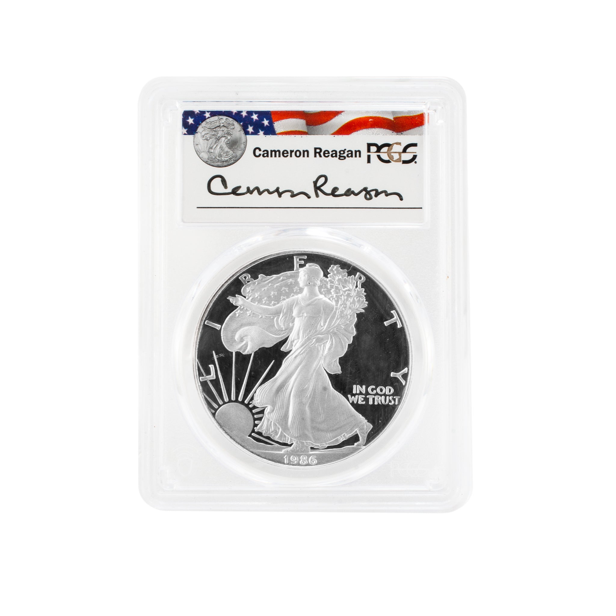1986-S PCGS PR69DCAM 1OZ Cameron Reagan Legacy Series $1 Silver Eagle Coin