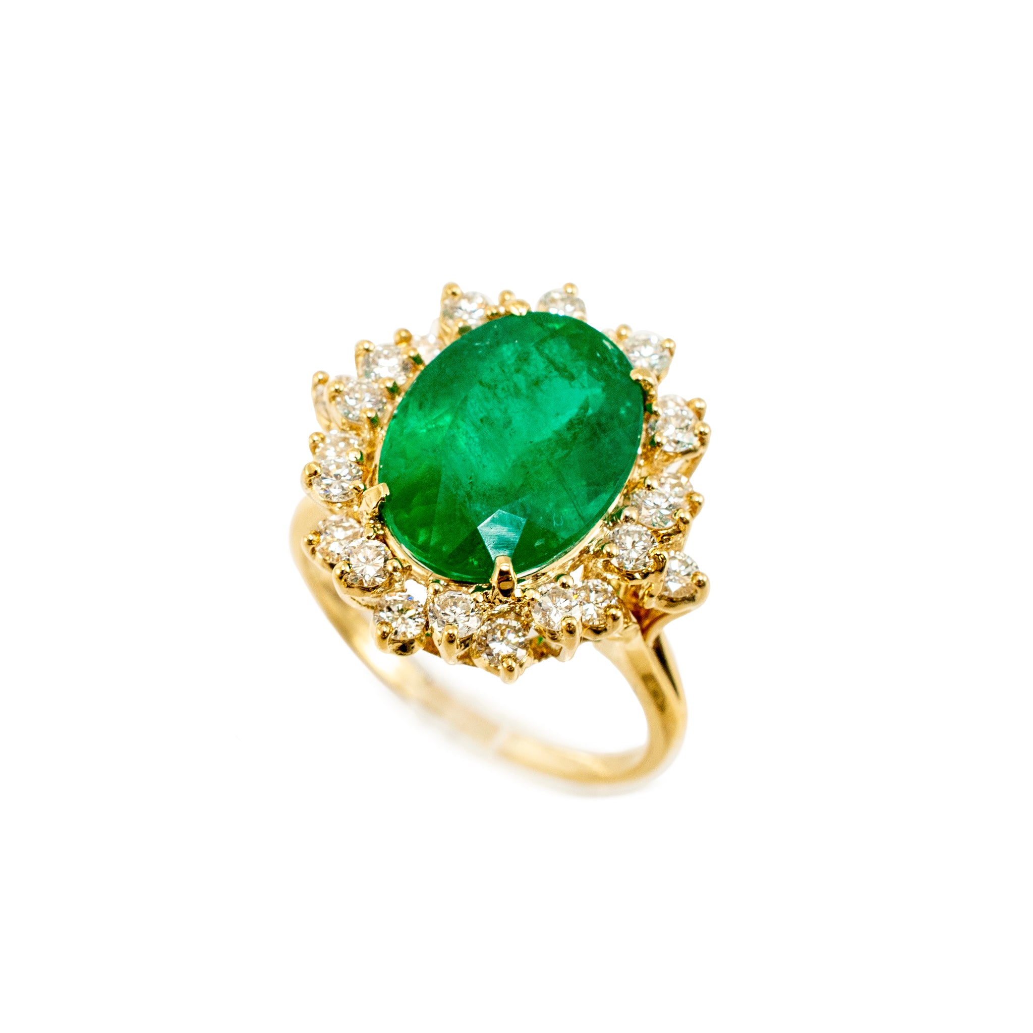 Vintage 18K Yellow Gold 6.68ct GIA Brazilian Emerald Halo Diamond Cocktail Ring