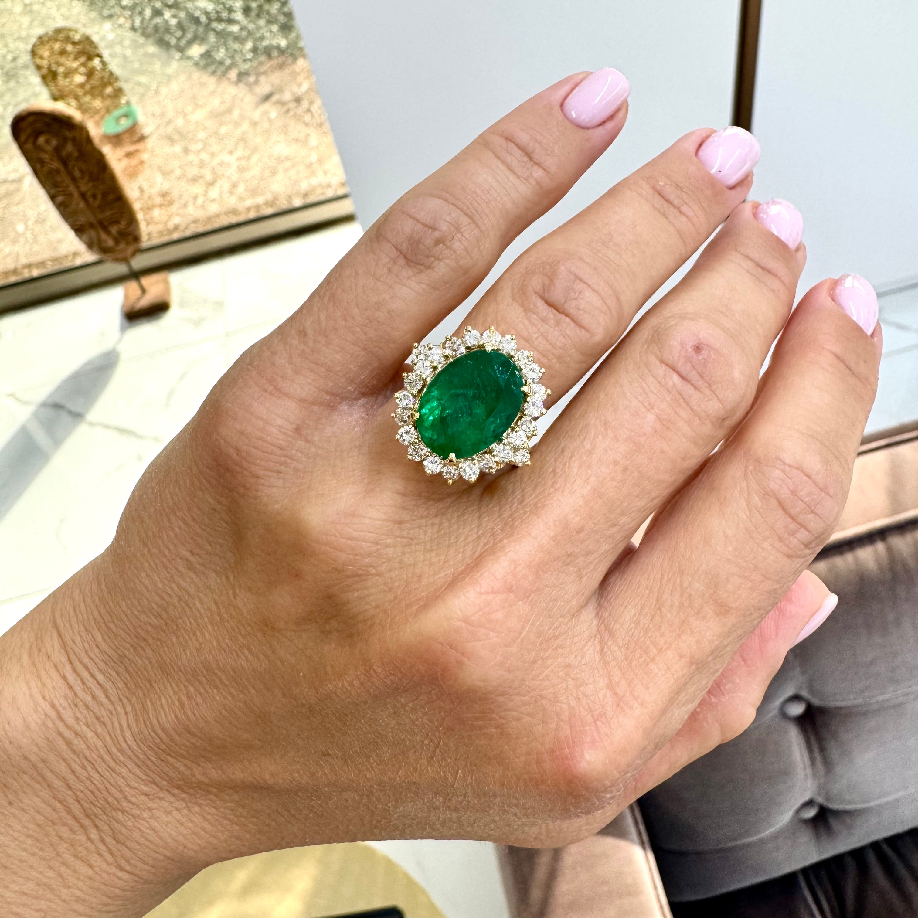 Vintage 18K Yellow Gold 6.68ct GIA Brazilian Emerald Halo Diamond Cocktail Ring