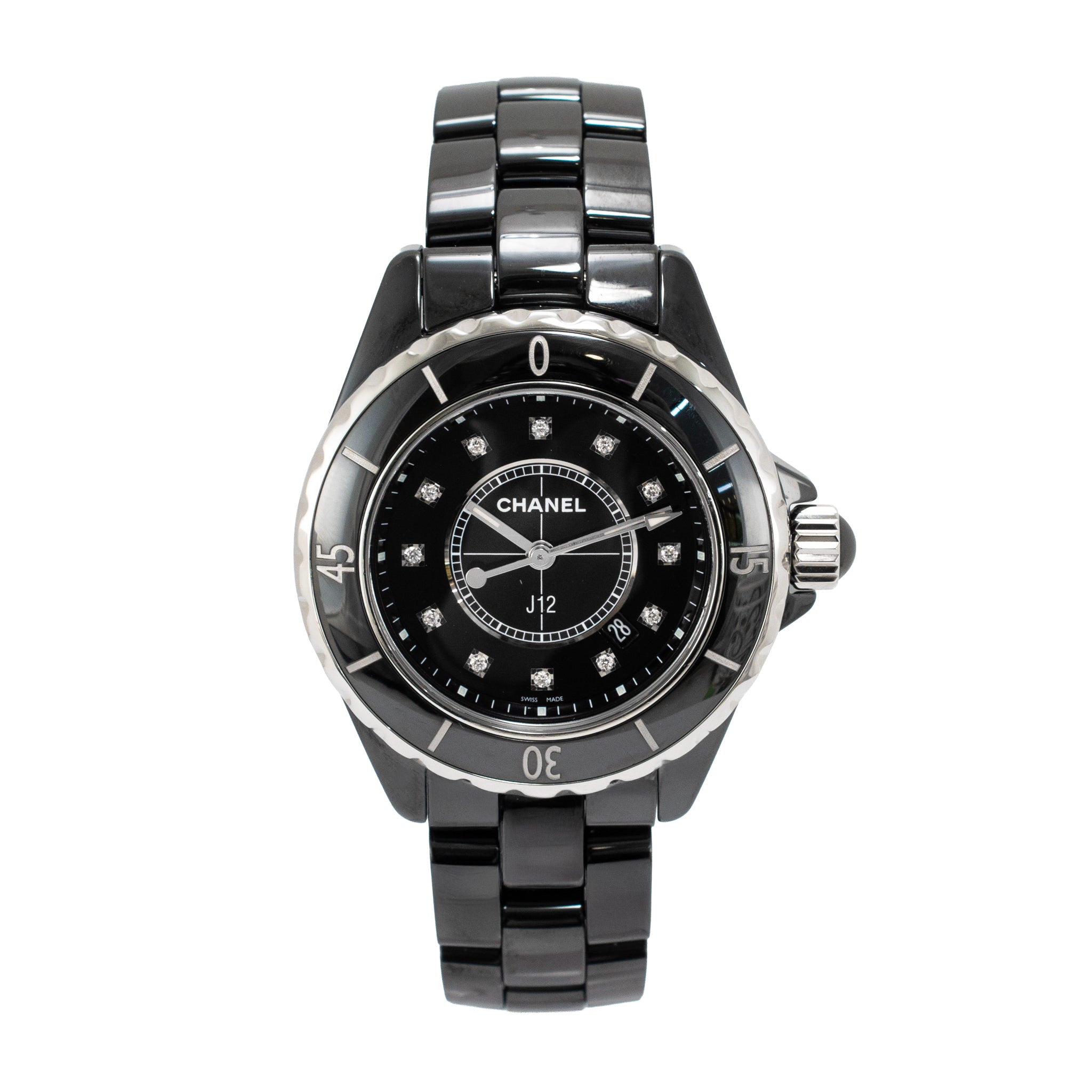 Ladies Chanel J12 Black Ceramic 33MM H1625 Icon 12 Diamond Steel Quartz Watch