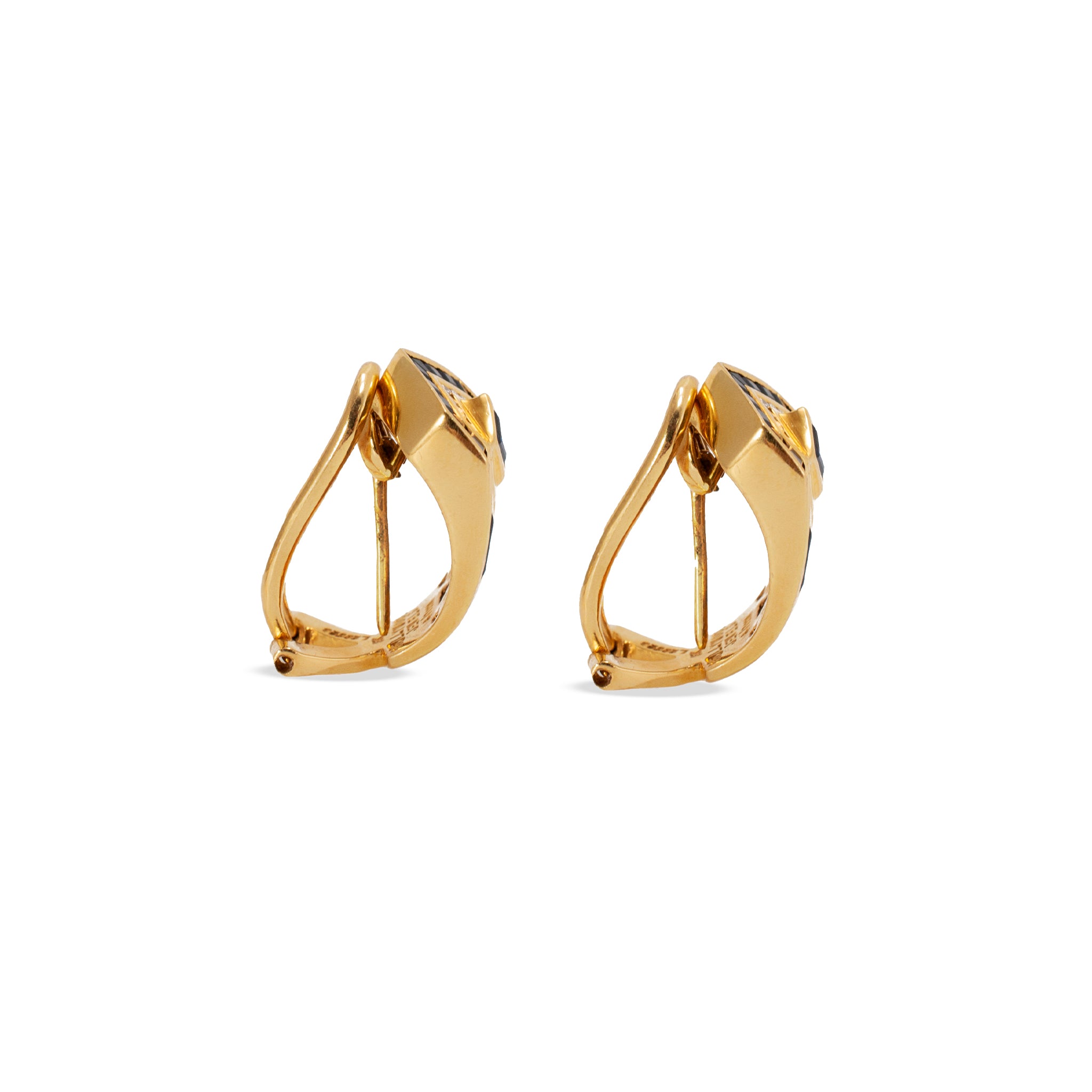 Vintage Hollywood Jewels 18K Yellow Gold Sapphire Diamond J Hoop Clip Earrings