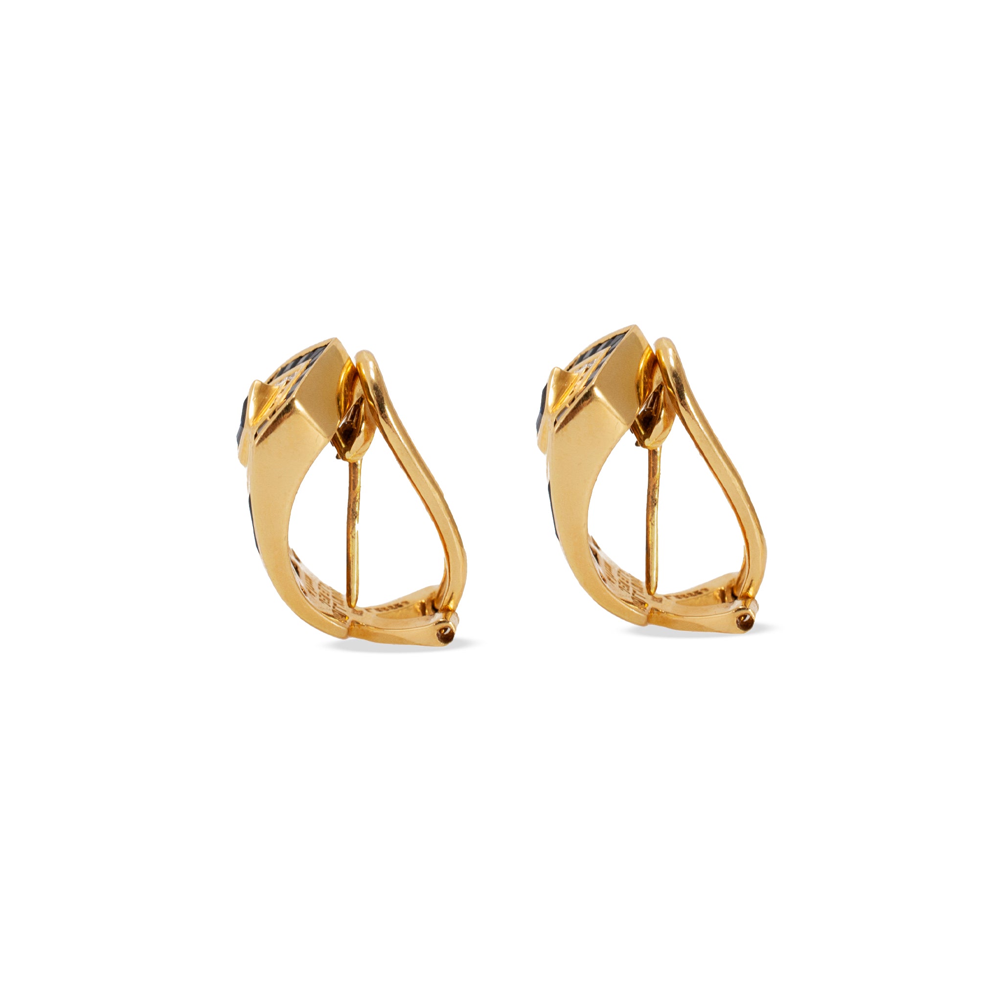 Vintage Hollywood Jewels 18K Yellow Gold Sapphire Diamond J Hoop Clip Earrings