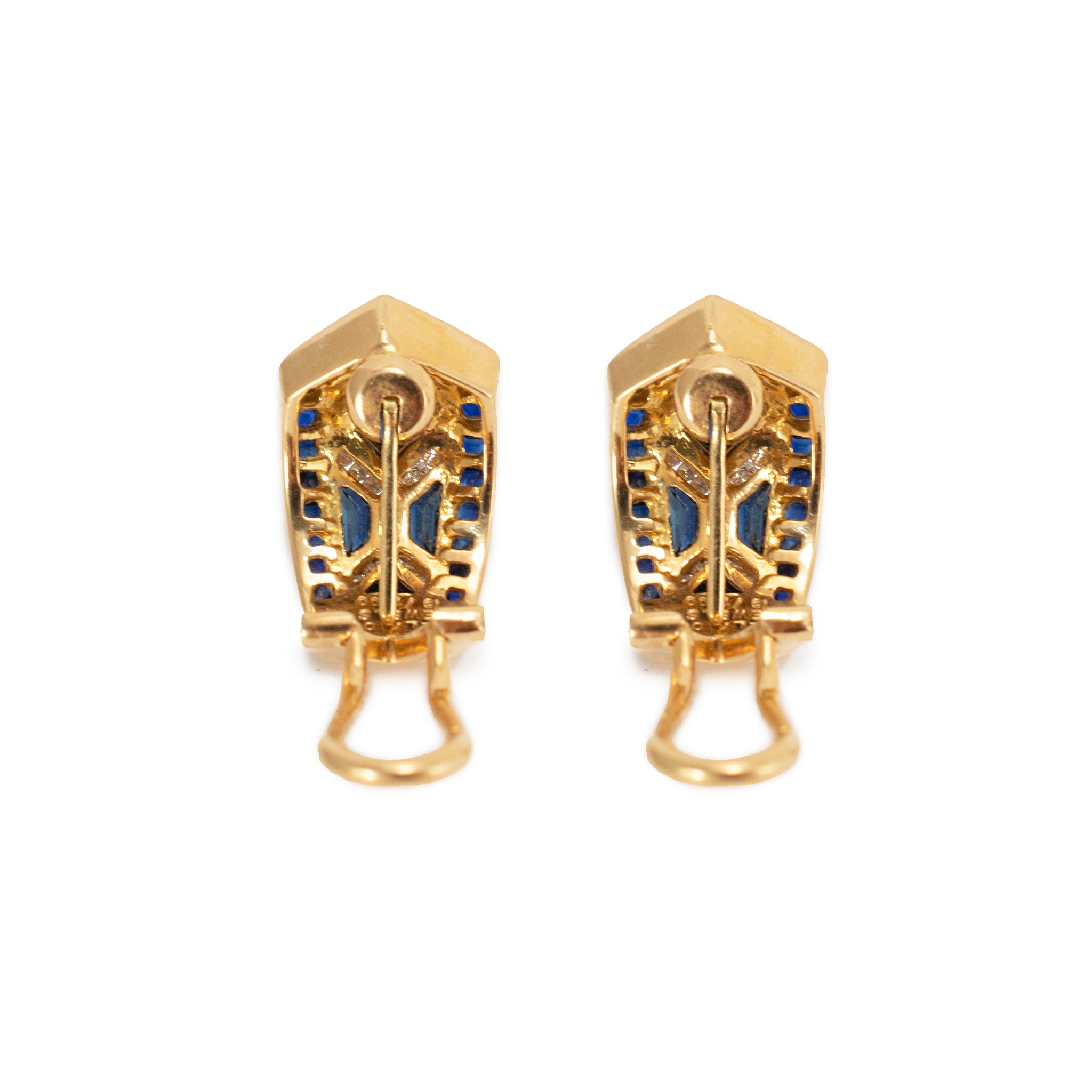 Vintage Hollywood Jewels 18K Yellow Gold Sapphire Diamond J Hoop Clip Earrings