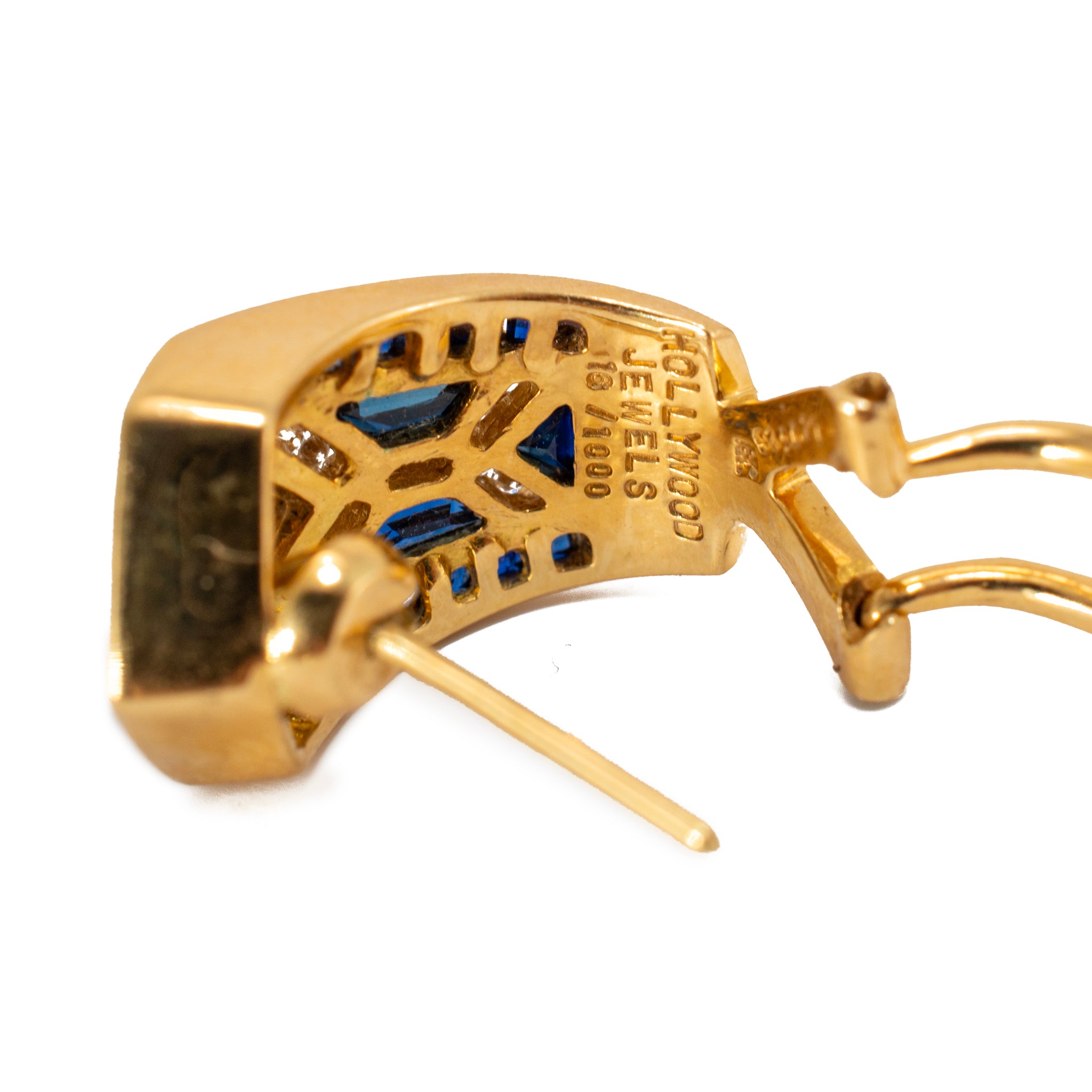 Vintage Hollywood Jewels 18K Yellow Gold Sapphire Diamond J Hoop Clip Earrings