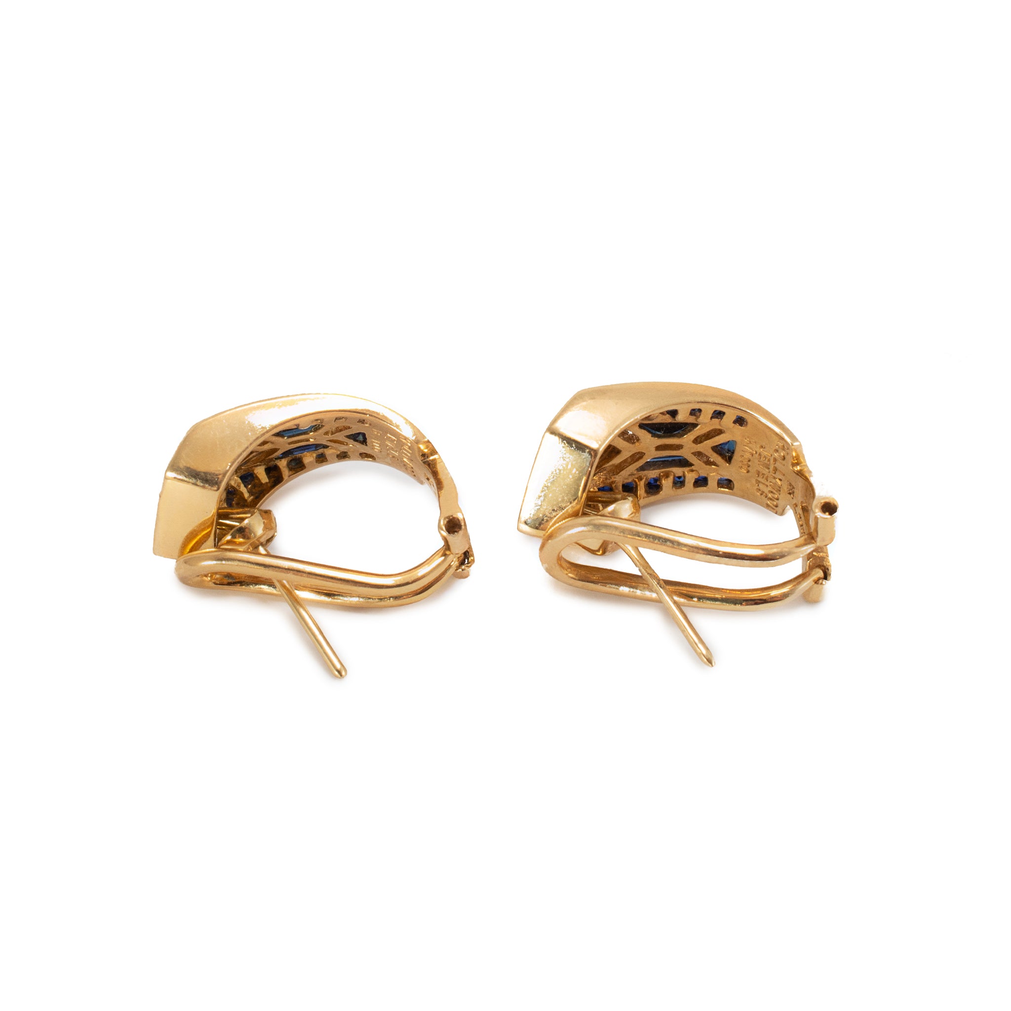Vintage Hollywood Jewels 18K Yellow Gold Sapphire Diamond J Hoop Clip Earrings