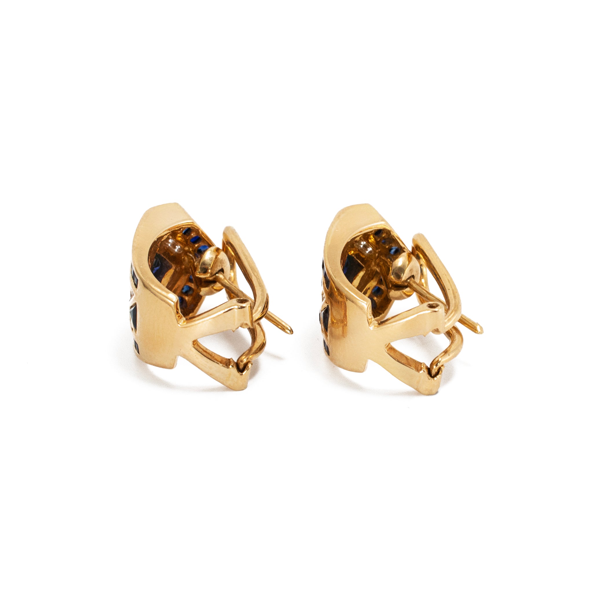 Vintage Hollywood Jewels 18K Yellow Gold Sapphire Diamond J Hoop Clip Earrings