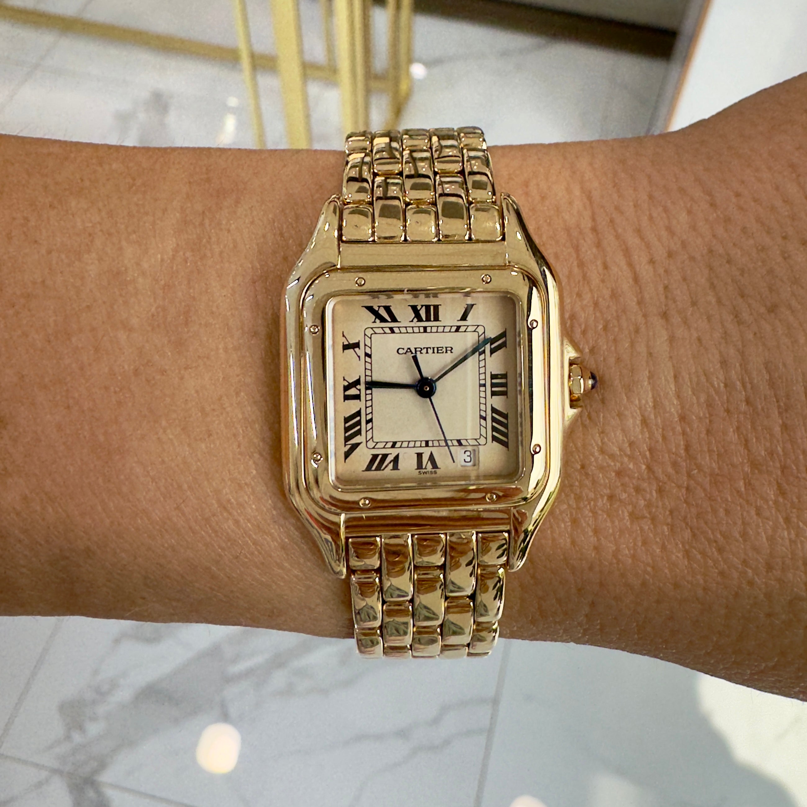 Cartier Panthere Medium Size 27MM 8839 18K Yellow Gold White Roman Quartz Watch