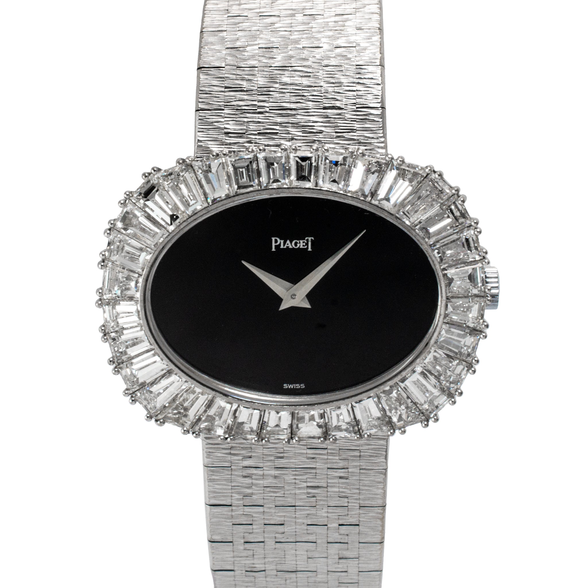 Vintage Piaget Horizonal Oval 34M 98323A6 White Gold Baguette Diamond Onyx Watch