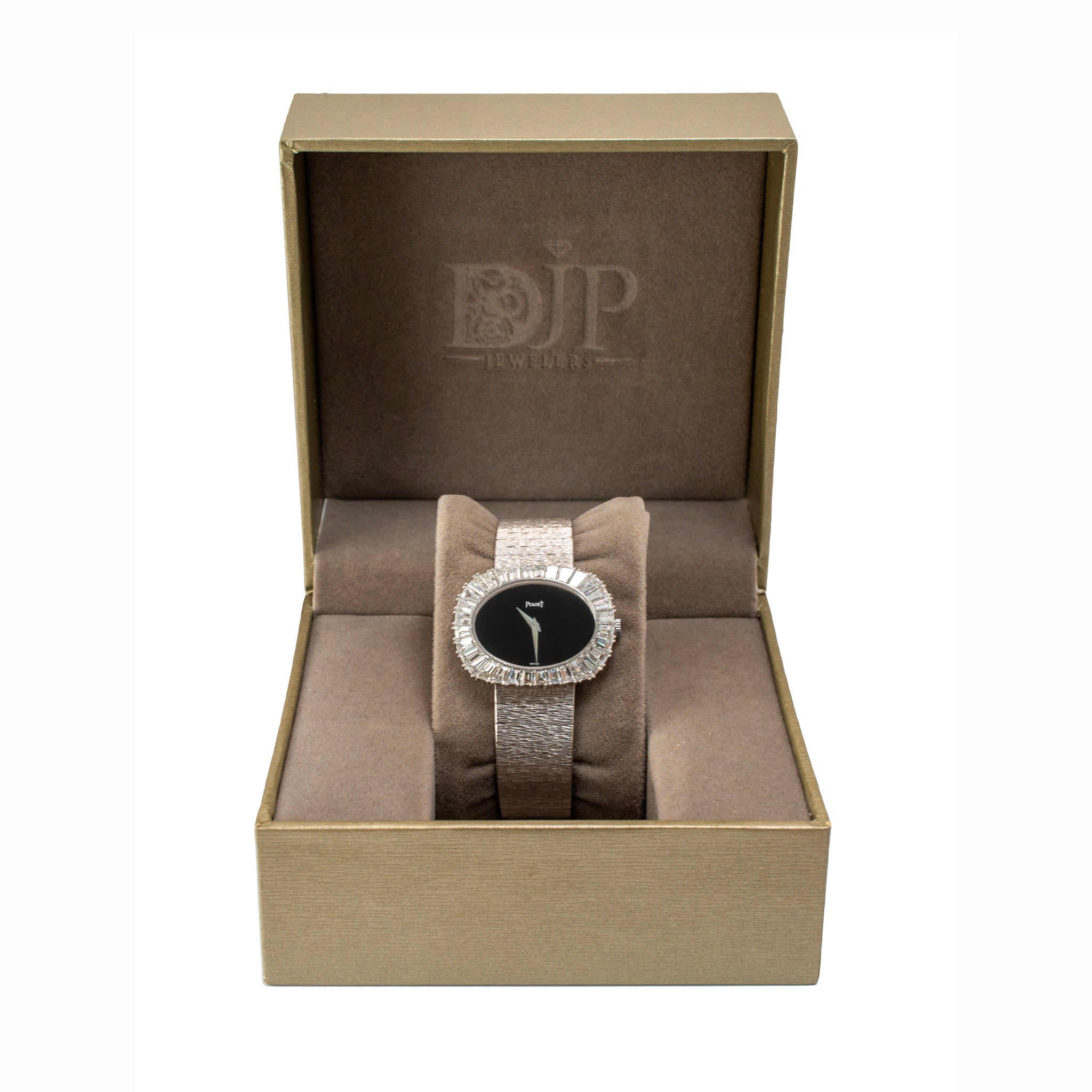 Vintage Piaget Horizonal Oval 34M 98323A6 White Gold Baguette Diamond Onyx Watch