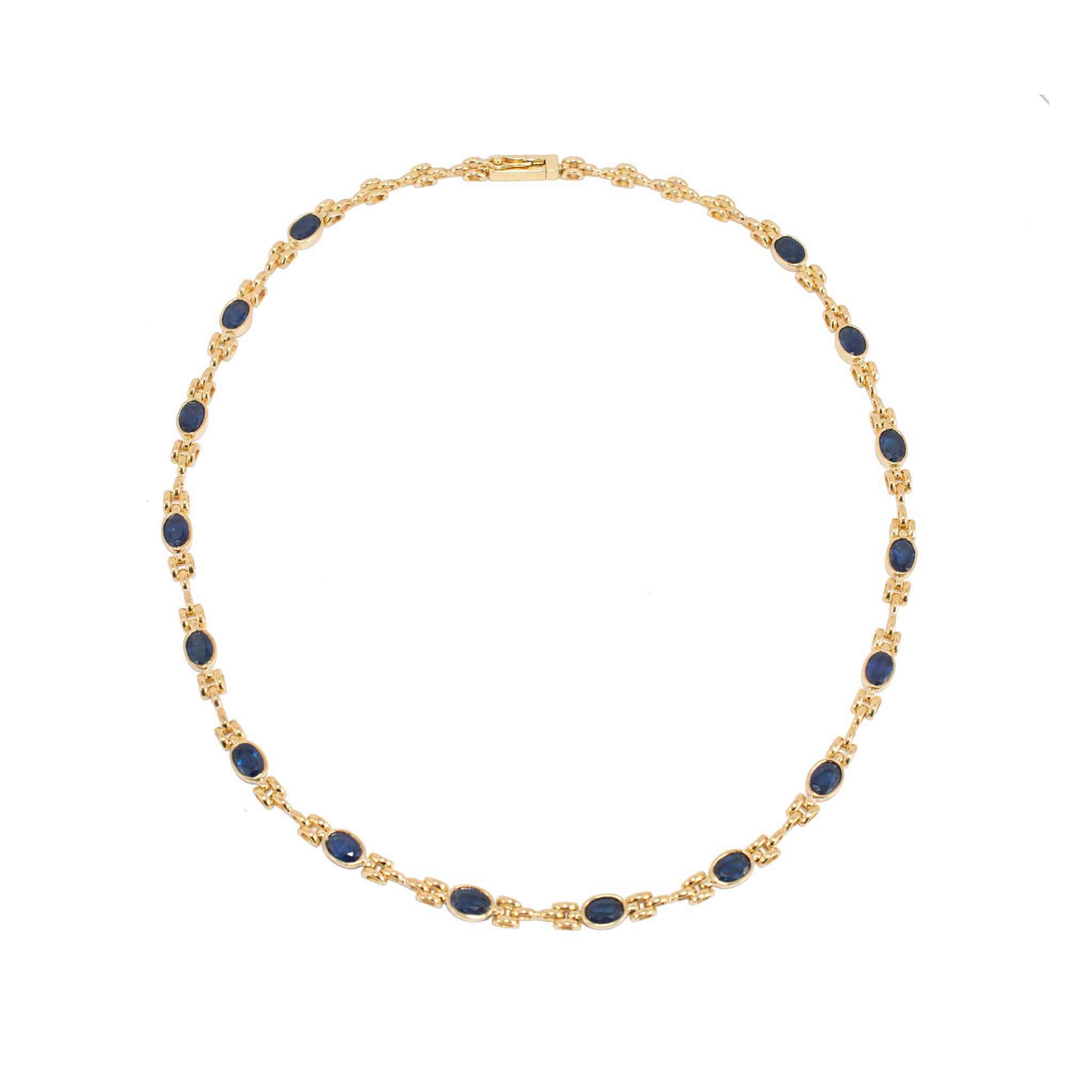 Vintage Ladies 18K Yellow Gold 10.12ct Blue Oval Sapphires Link Chain Necklace