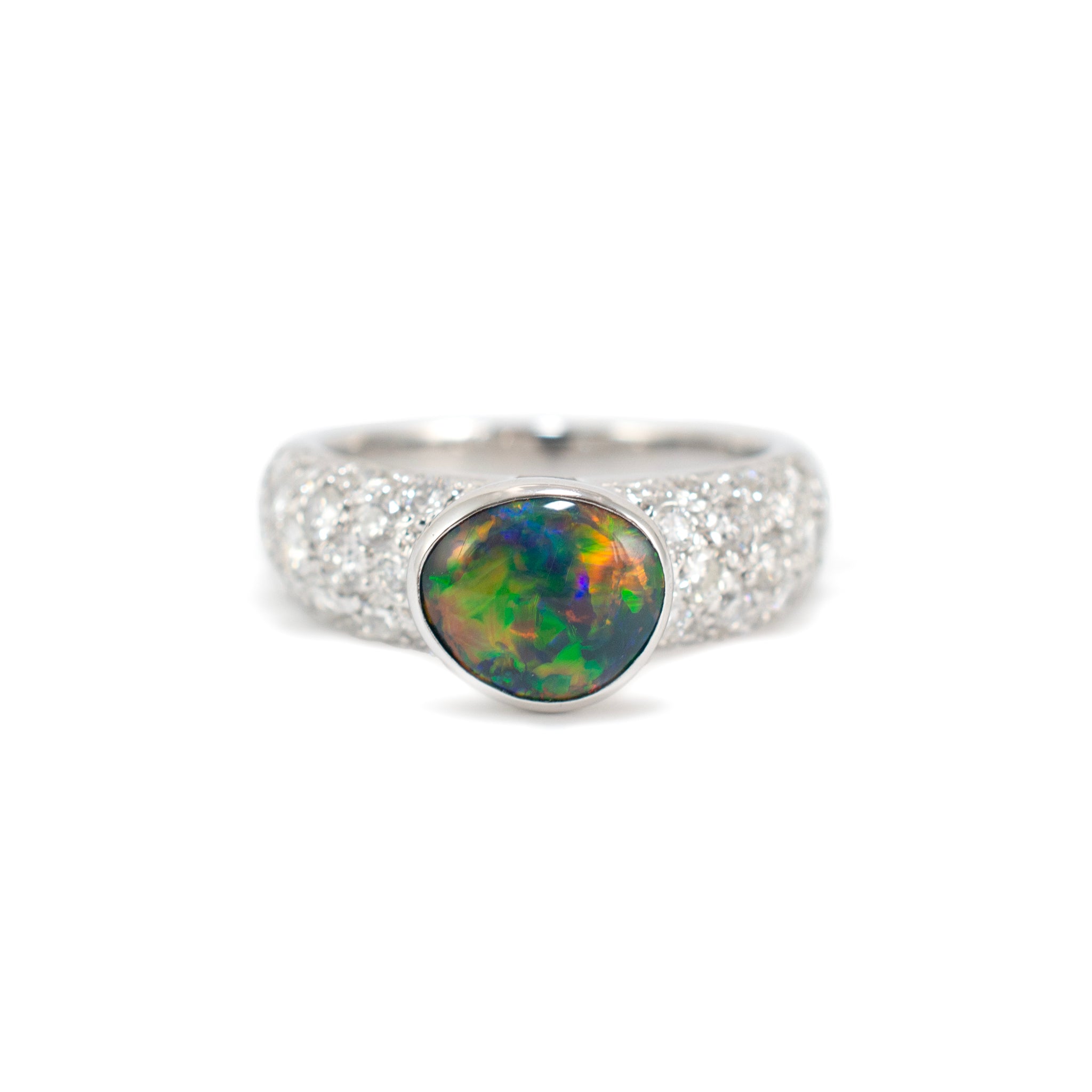 18K White Gold AGL Australian Multi Colored Black Opal Diamond Cocktail Ring