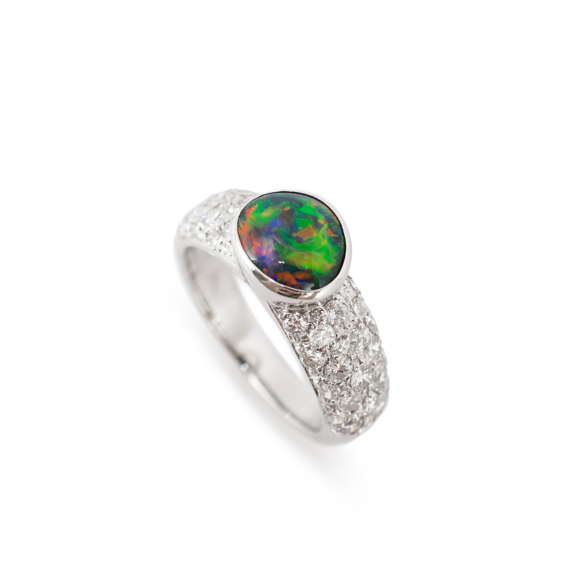 18K White Gold AGL Australian Multi Colored Black Opal Diamond Cocktail Ring