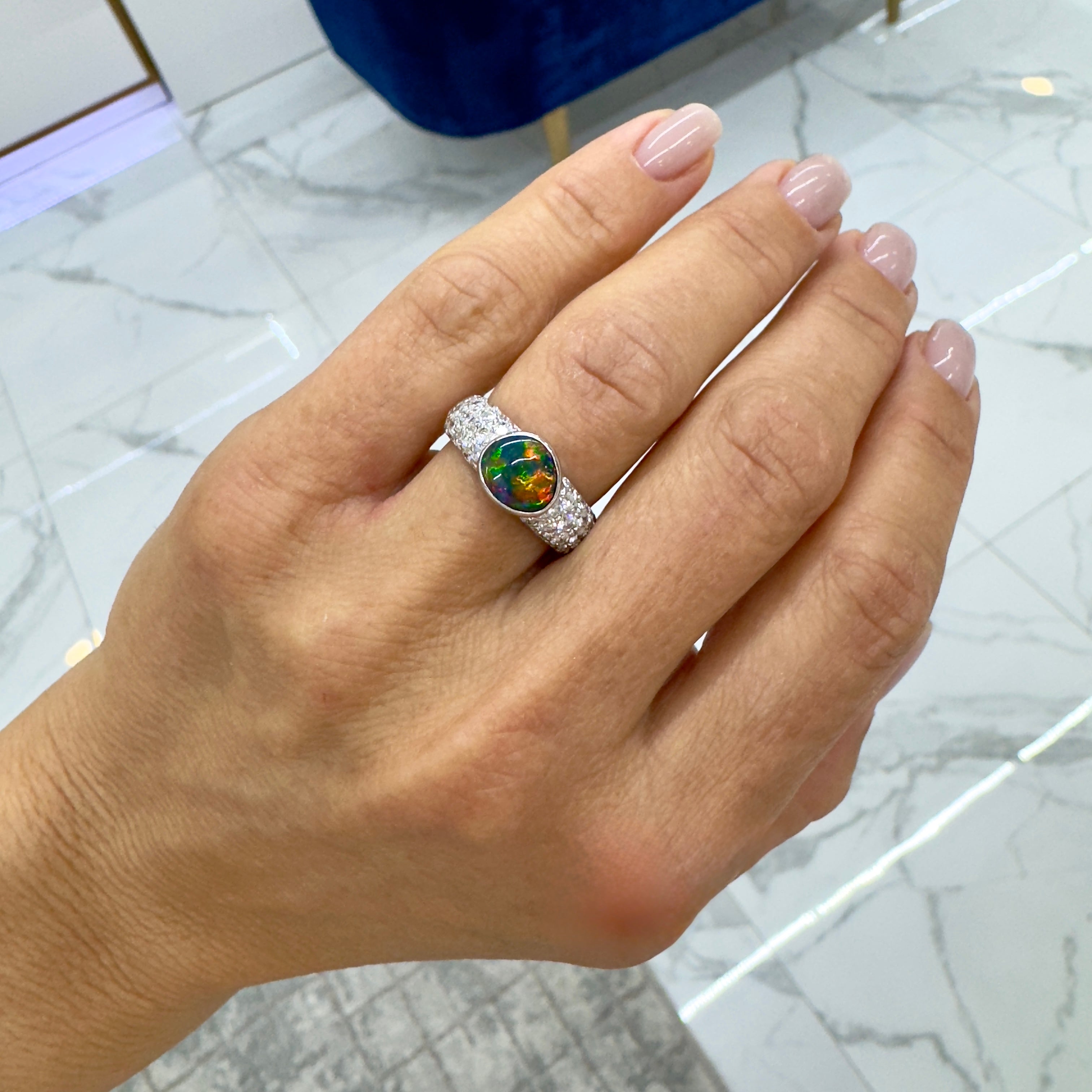 18K White Gold AGL Australian Multi Colored Black Opal Diamond Cocktail Ring