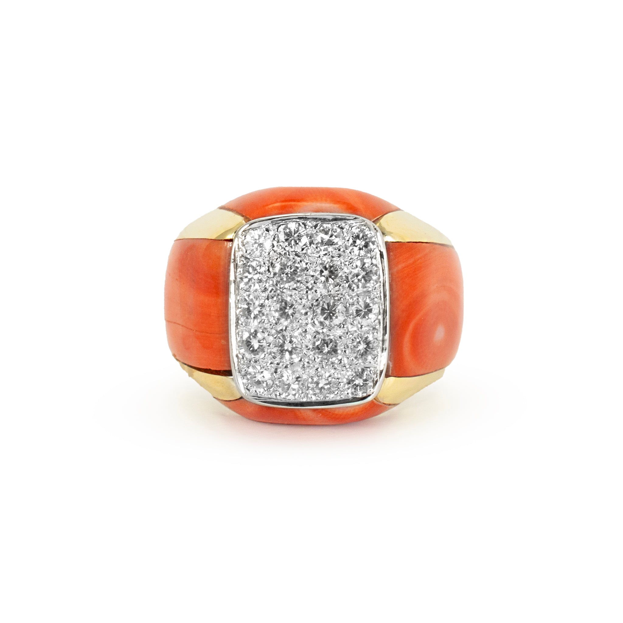 Ladies Vintage 18K Yellow Gold Salmon Coral Pave Diamond Cocktail Ring