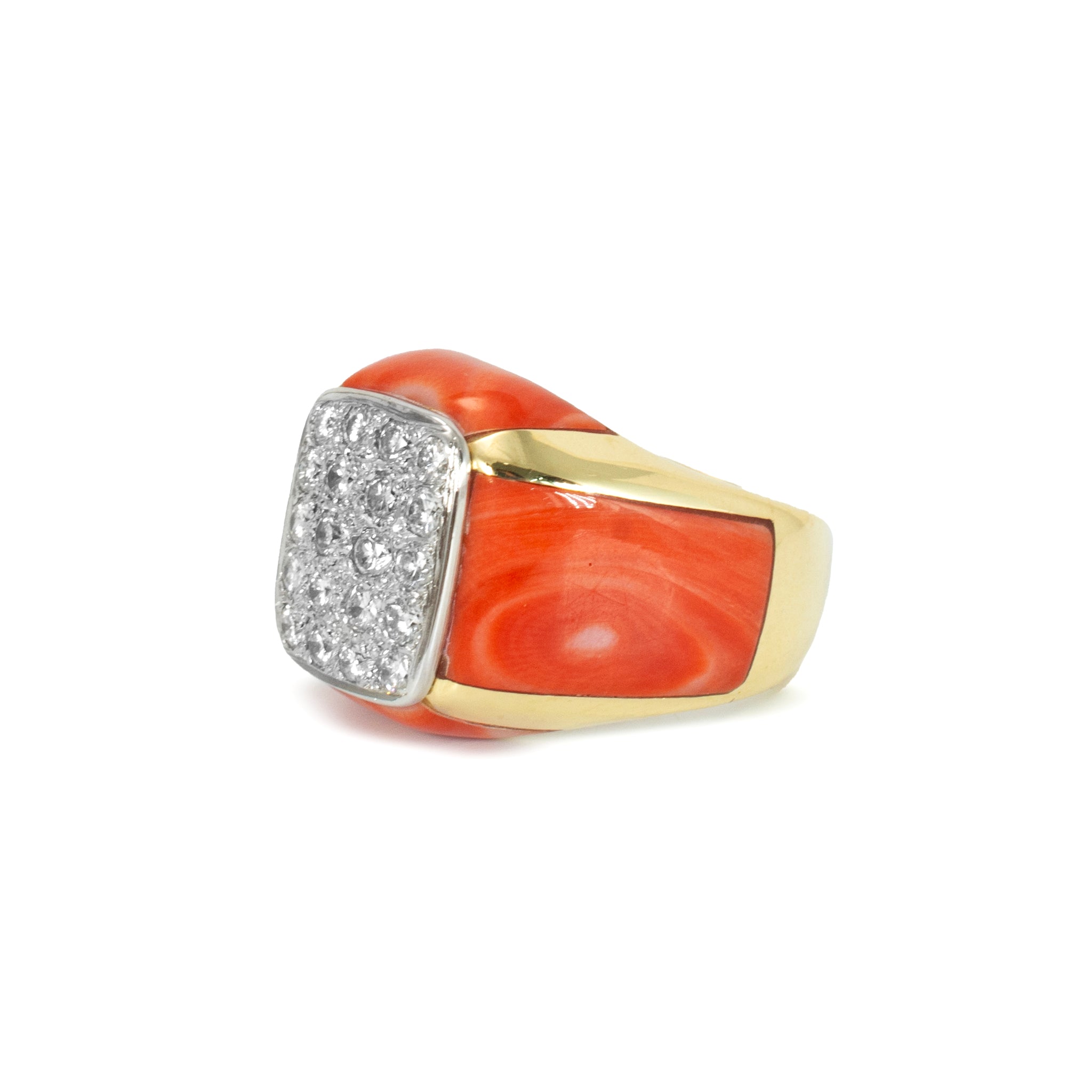 Ladies Vintage 18K Yellow Gold Salmon Coral Pave Diamond Cocktail Ring