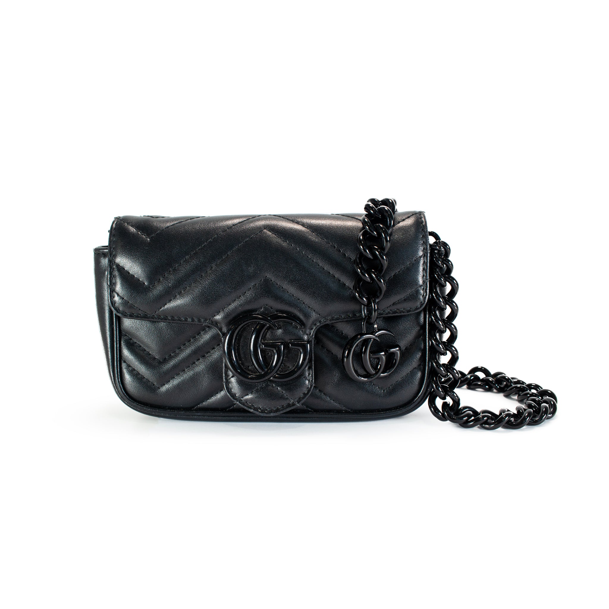 Gucci ブラック　ハンドバッグ Gucci GG Black Calfskin Matelasse Monochrome Marmont Chain Belt Bag