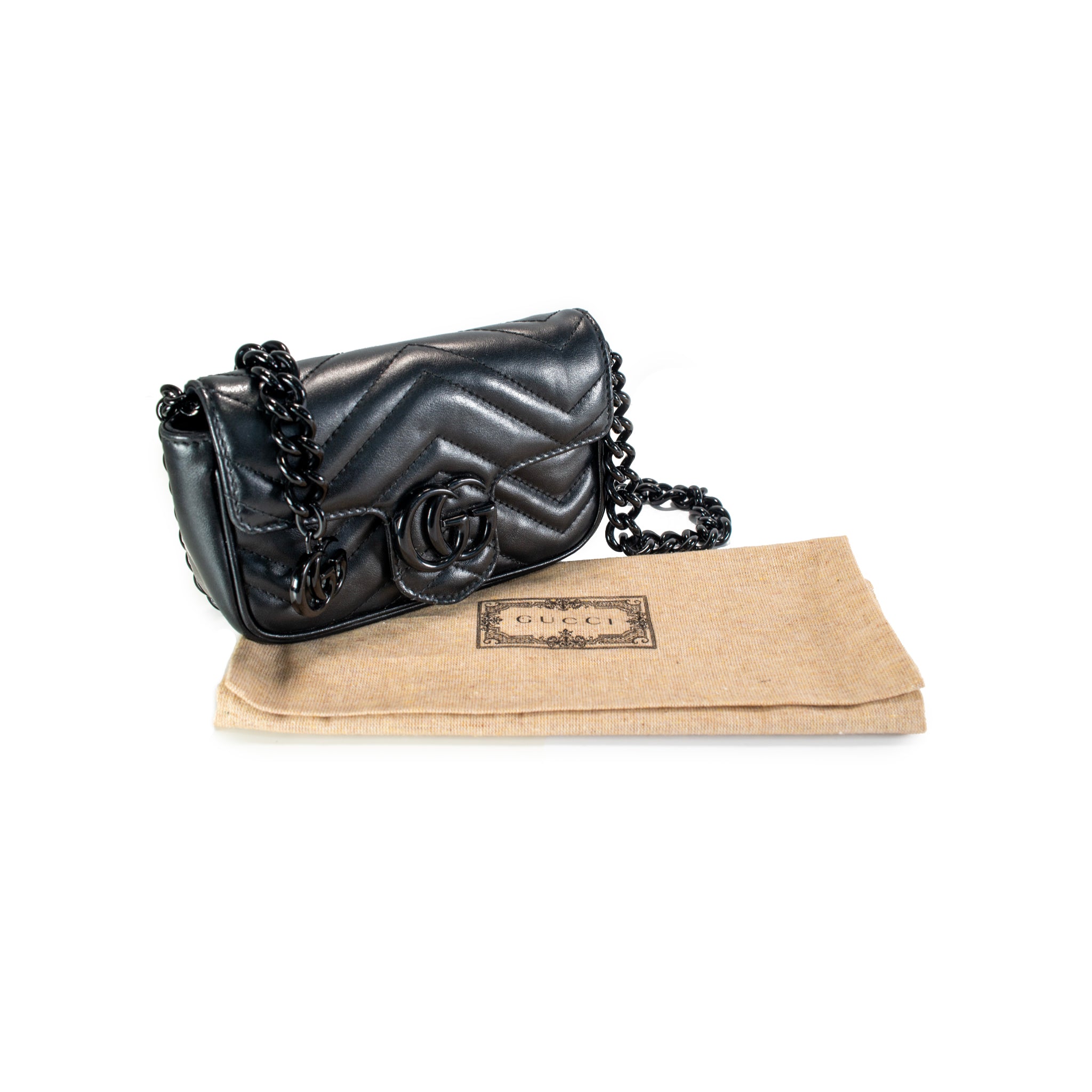 Gucci GG Black Calfskin Matelasse Monochrome Marmont Chain Belt Bag