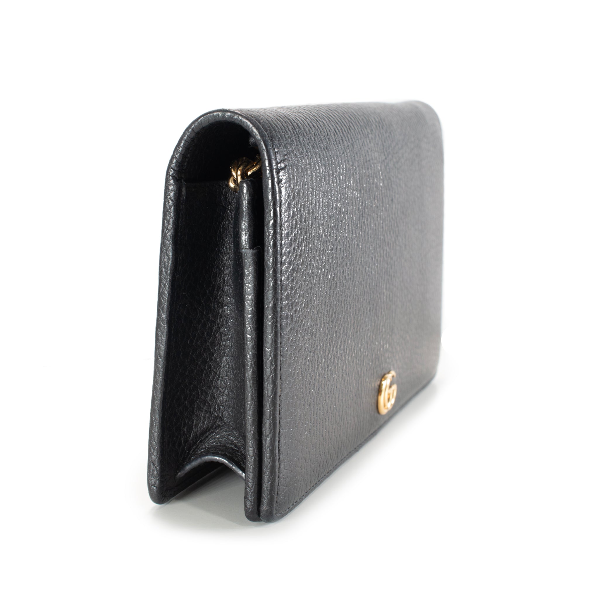 Gucci Gg Black Textured Leather Marmont Wallet on Chain Crossbody Bag