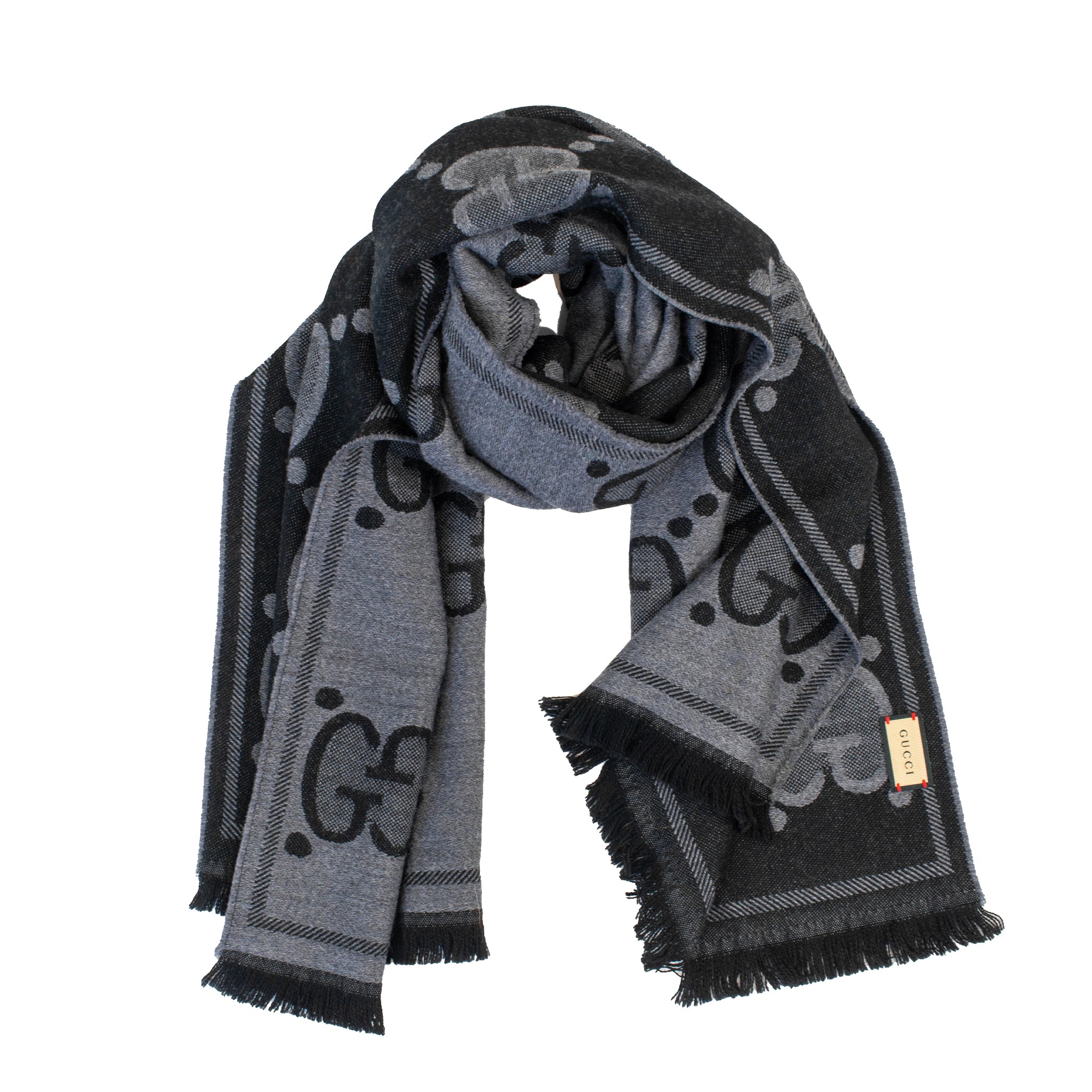 Gucci Gg Jumbo Wool Silk Jacquard Scarf in Grey and Black Cashmere Scarf