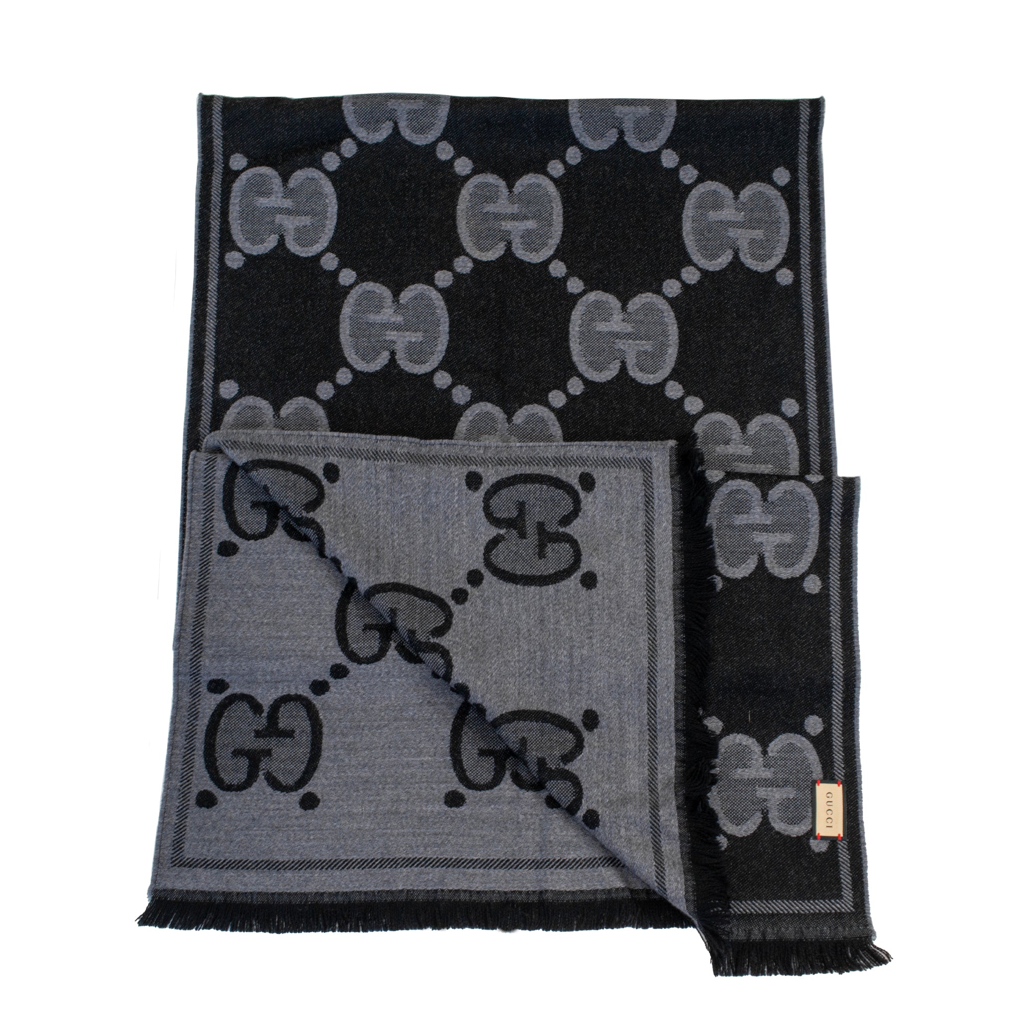 Gucci Gg Jumbo Wool Silk Jacquard Scarf in Grey and Black Cashmere Scarf