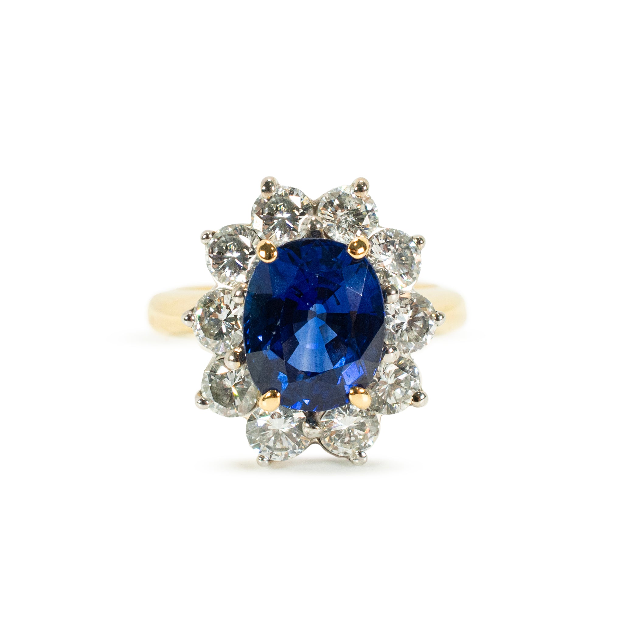 Vintage 18K Gold 2.98ct GIA Ceylon Royal Blue Sapphire Halo Diamond Cocktail Ring