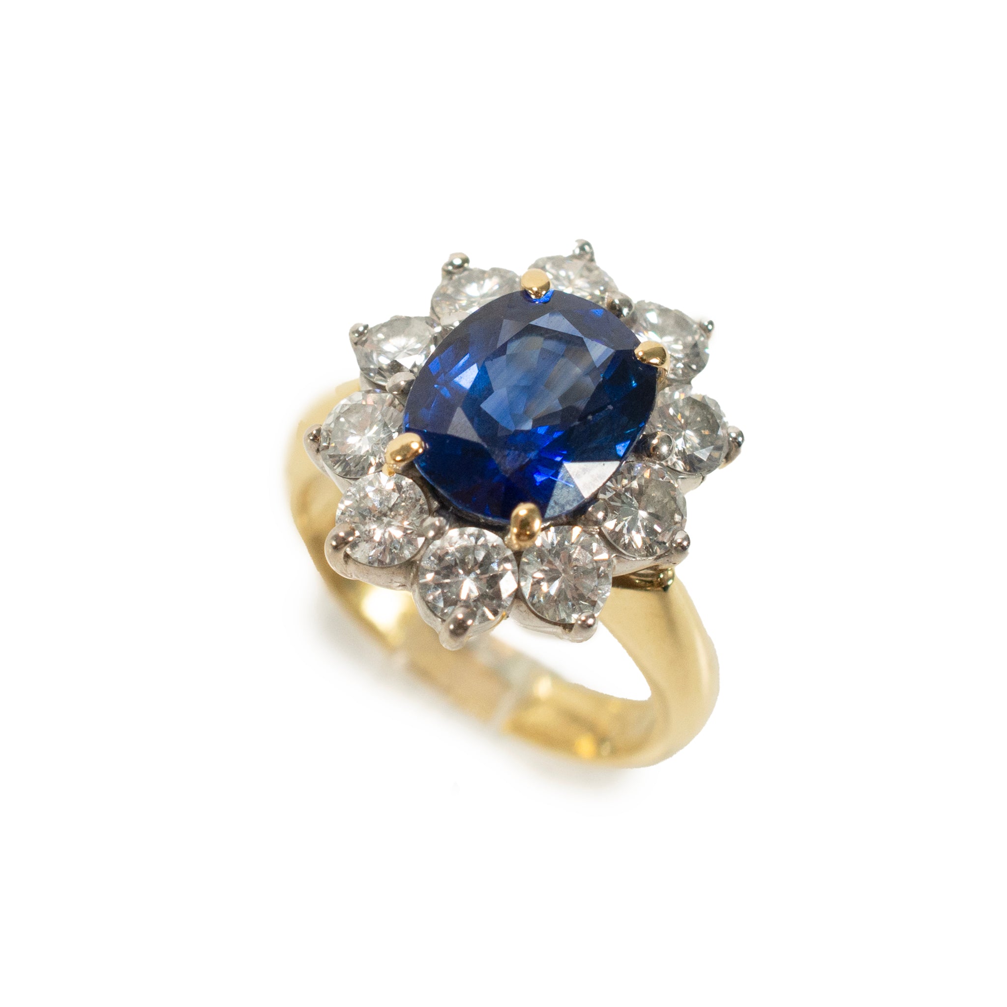 Vintage 18K Gold 2.98ct GIA Ceylon Royal Blue Sapphire Halo Diamond Cocktail Ring