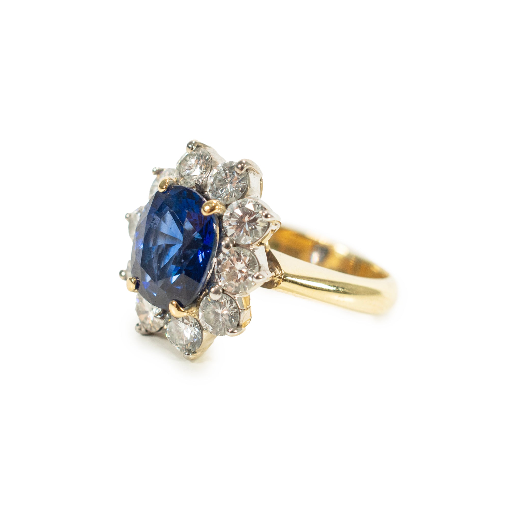 Vintage 18K Gold 2.98ct GIA Ceylon Royal Blue Sapphire Halo Diamond Cocktail Ring