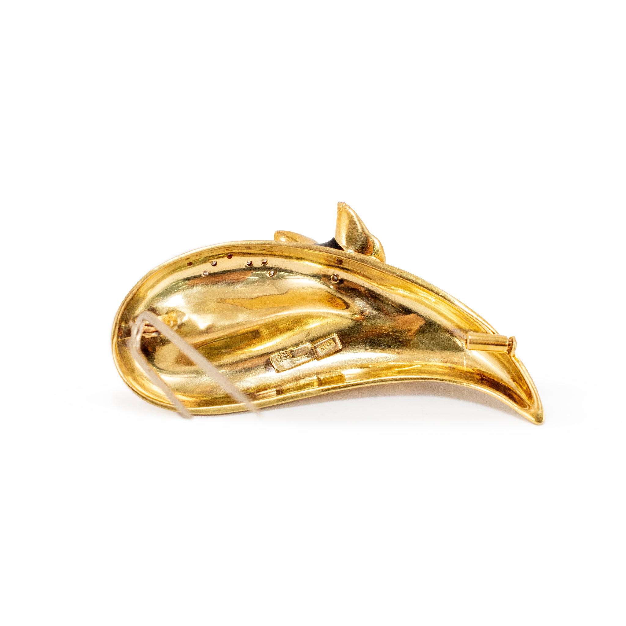 Vintage Handmade 18K Yellow Gold Diamond Eyes Black Enamel Fox Brooch