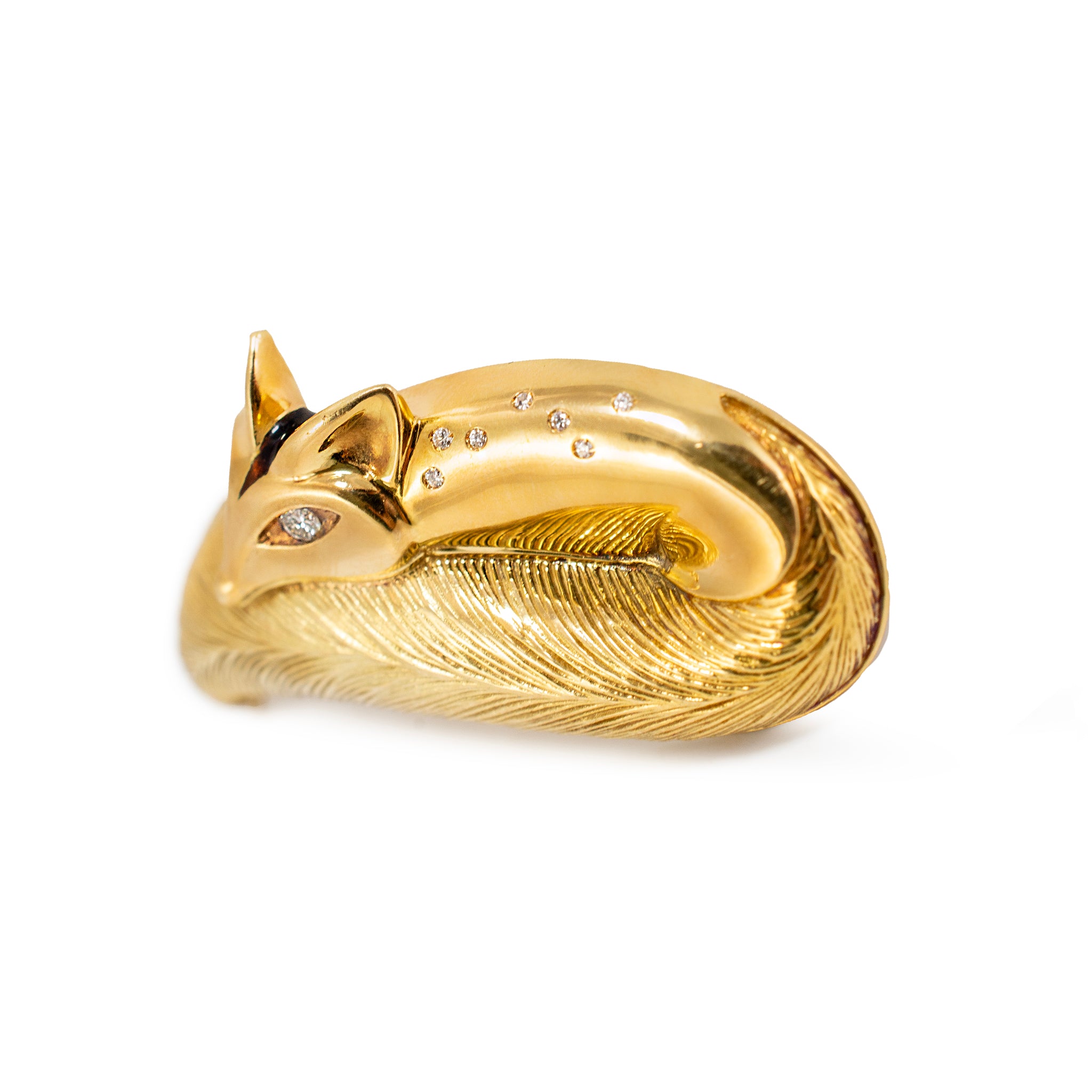 Vintage Handmade 18K Yellow Gold Diamond Eyes Black Enamel Fox Brooch
