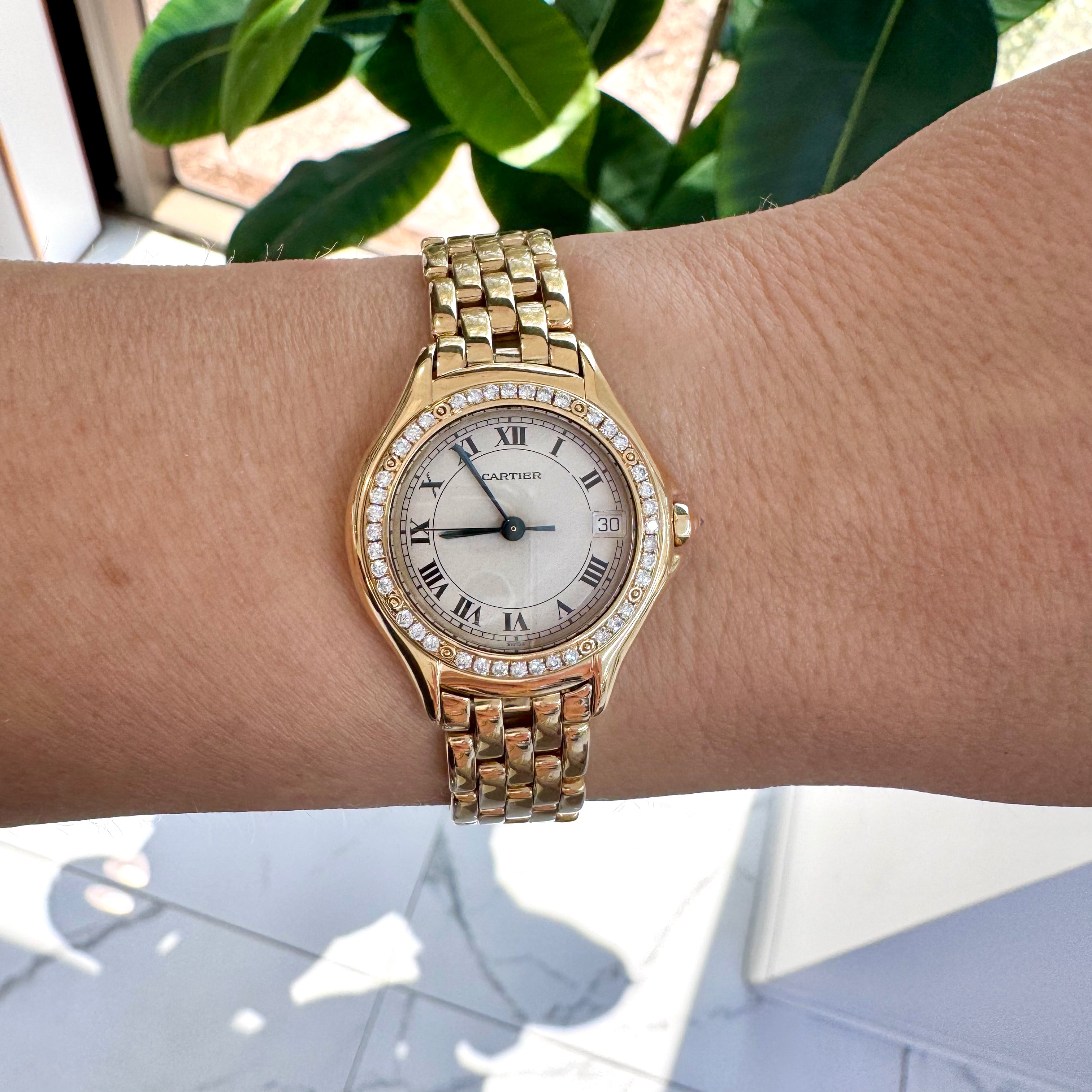 Vintage Cartier Cougar 26MM 887907 18K Yellow Gold Diamond Bezel Quartz Watch