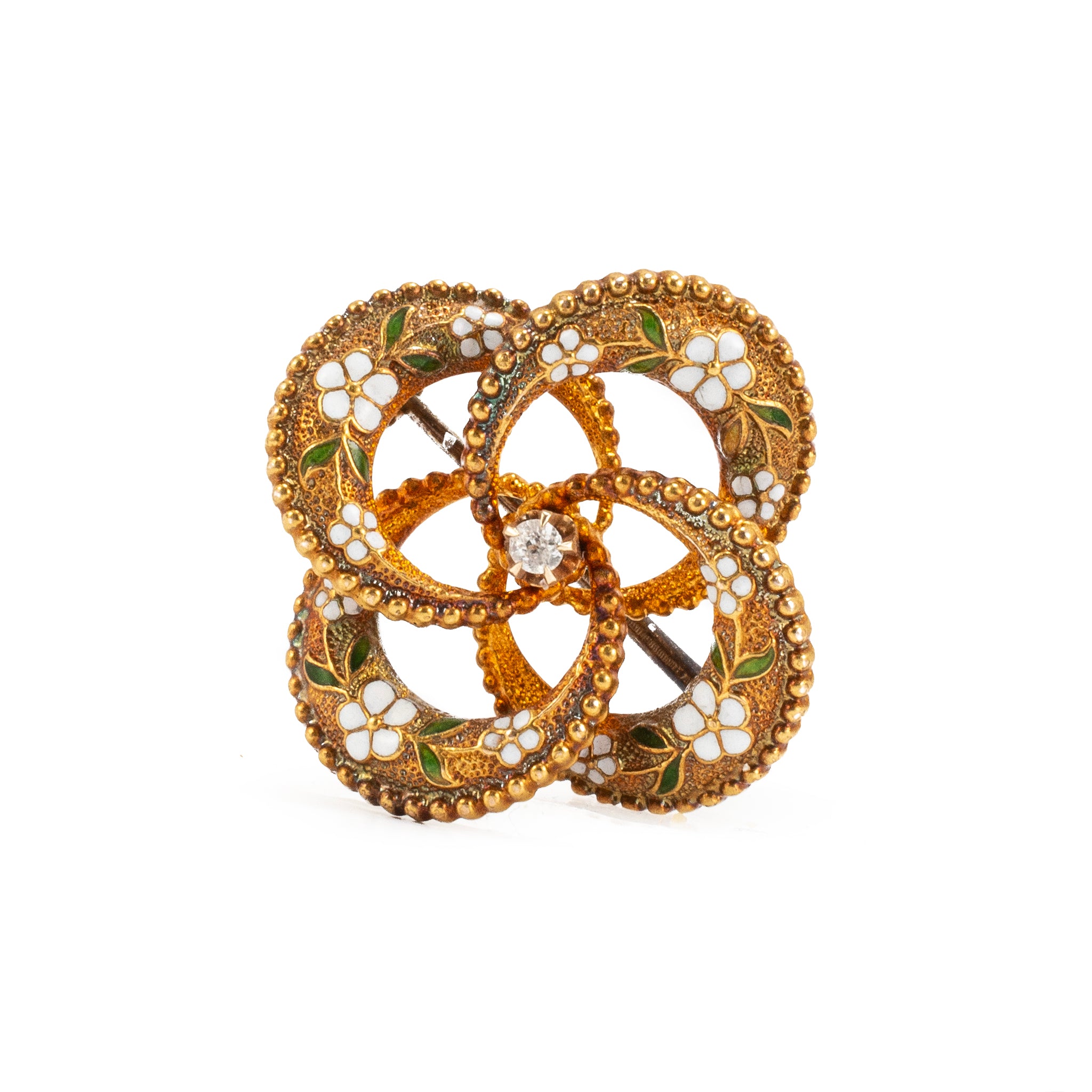 Antique 23K Gold Old European Cut Diamond White Green Enamel Flower PIN Brooch
