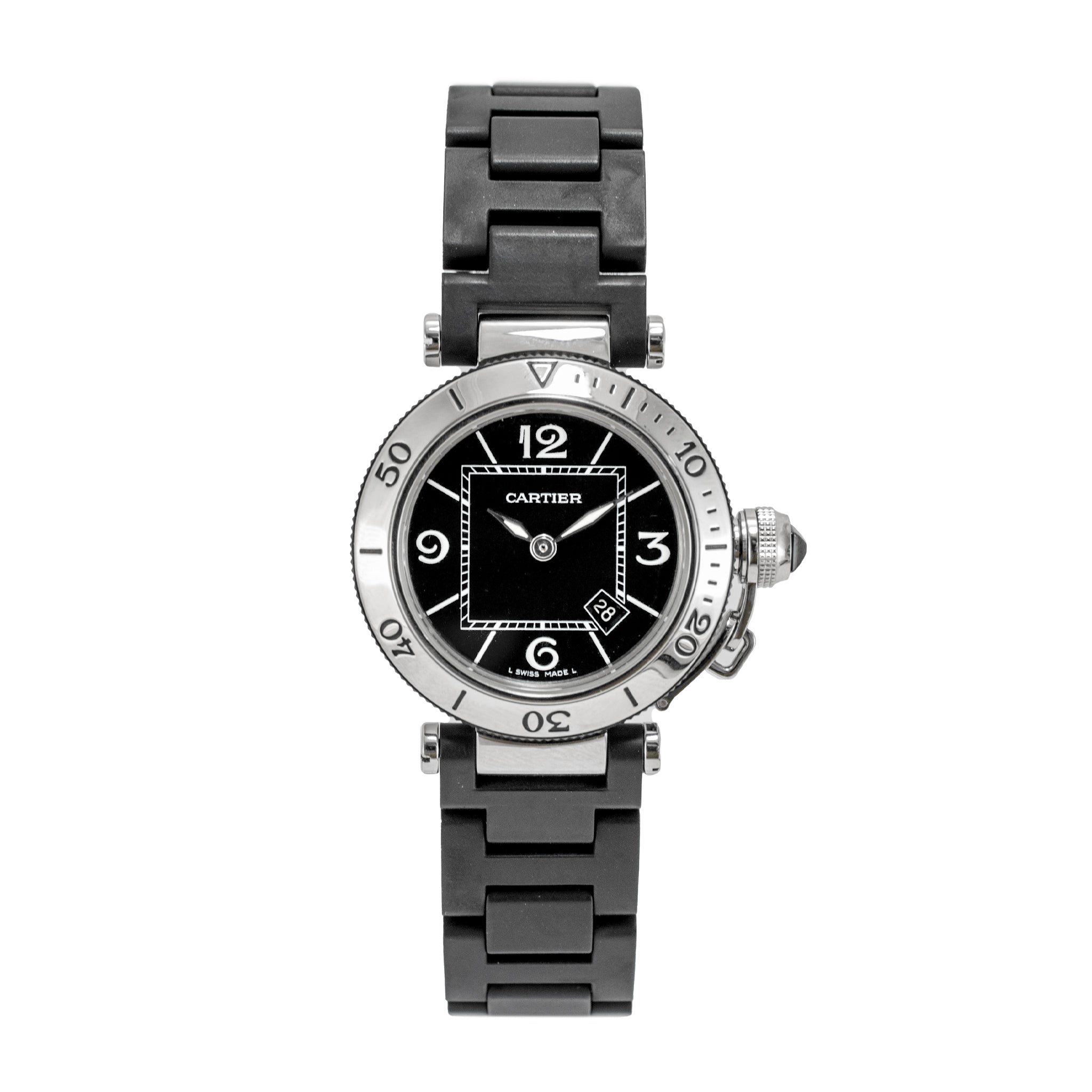 Cartier Pasha Seatimer 33MM 3025 Black Rubber Stainless Steel Quartz Watch