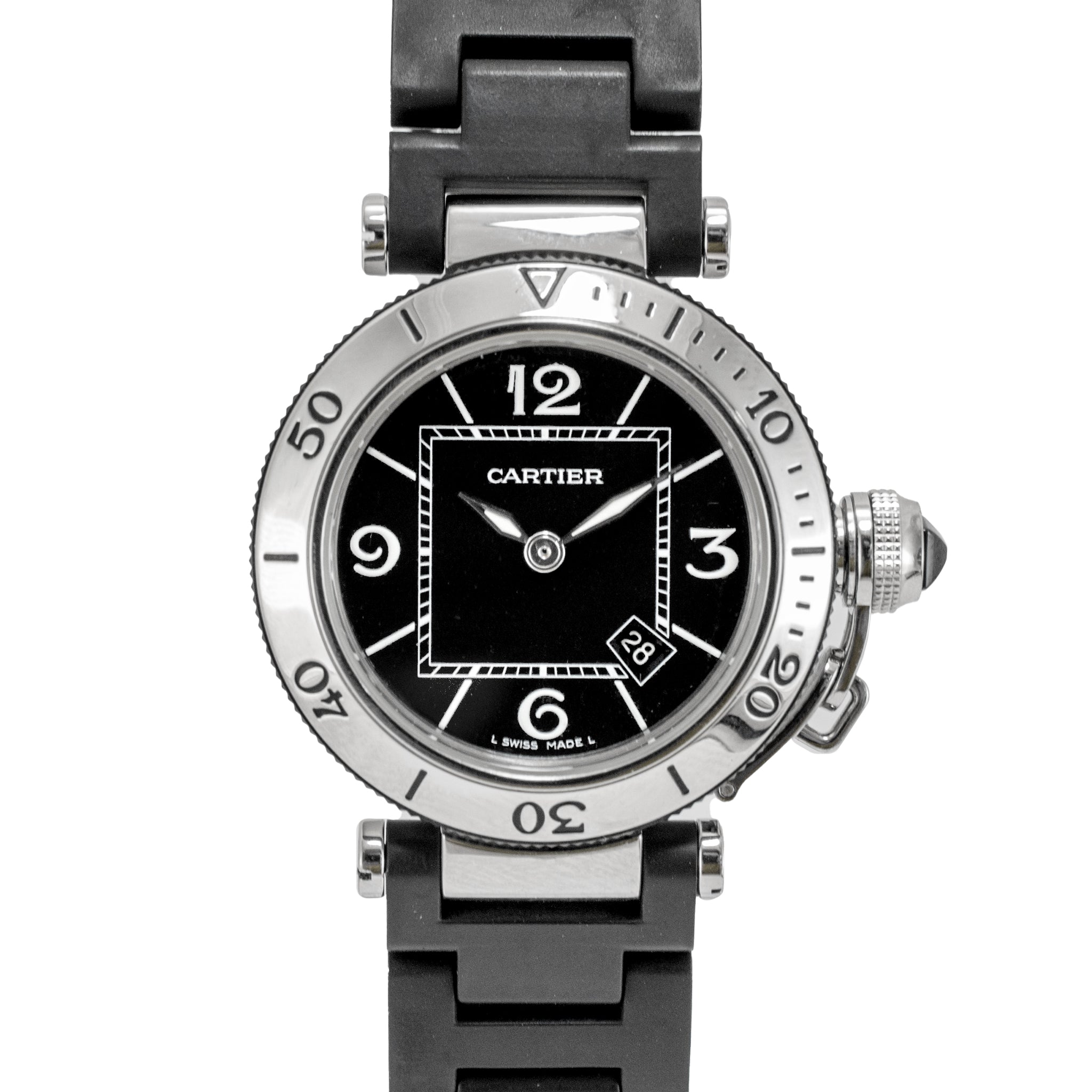 Cartier Pasha Seatimer 33MM 3025 Black Rubber Stainless Steel Quartz Watch