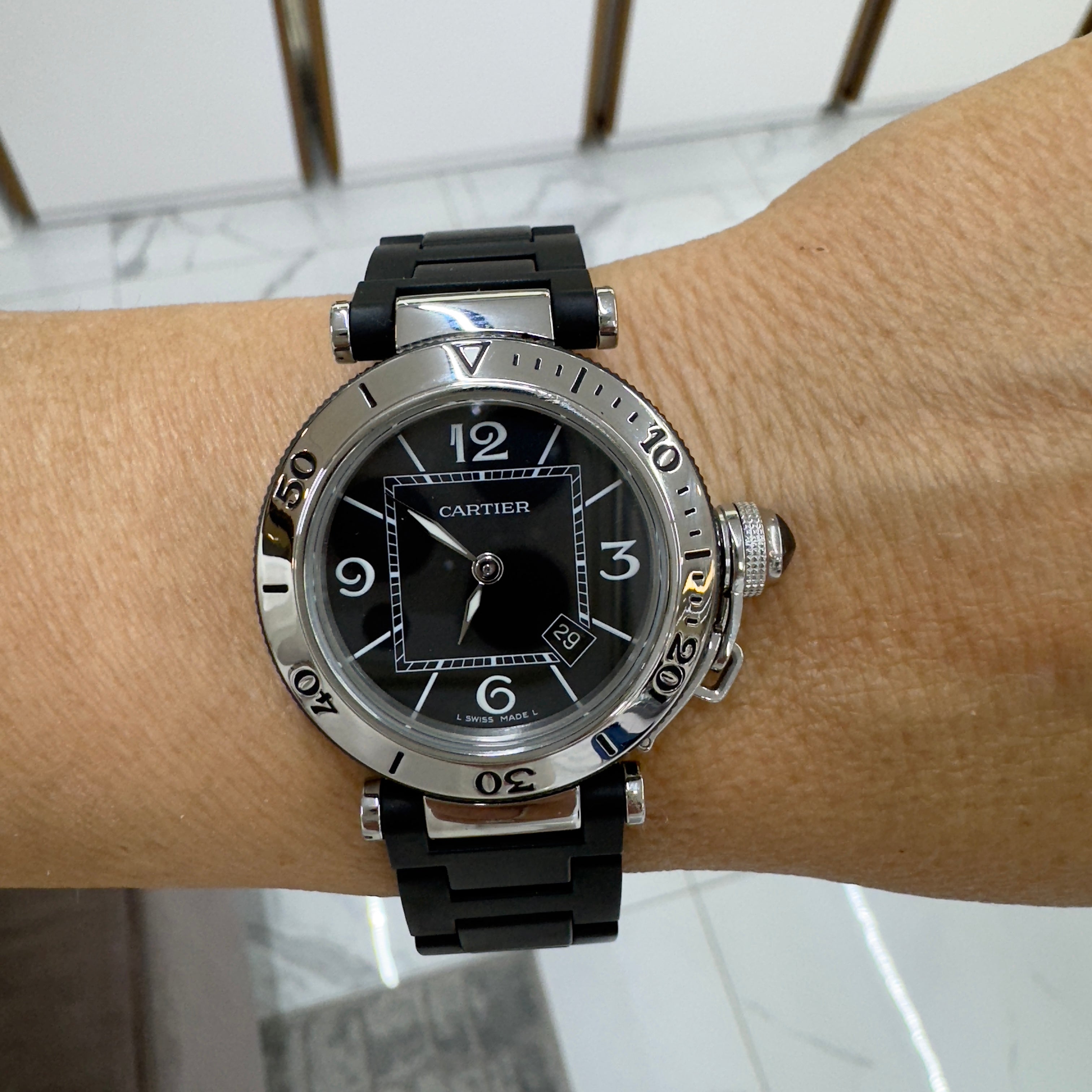 Cartier Pasha Seatimer 33MM 3025 Black Rubber Stainless Steel Quartz Watch