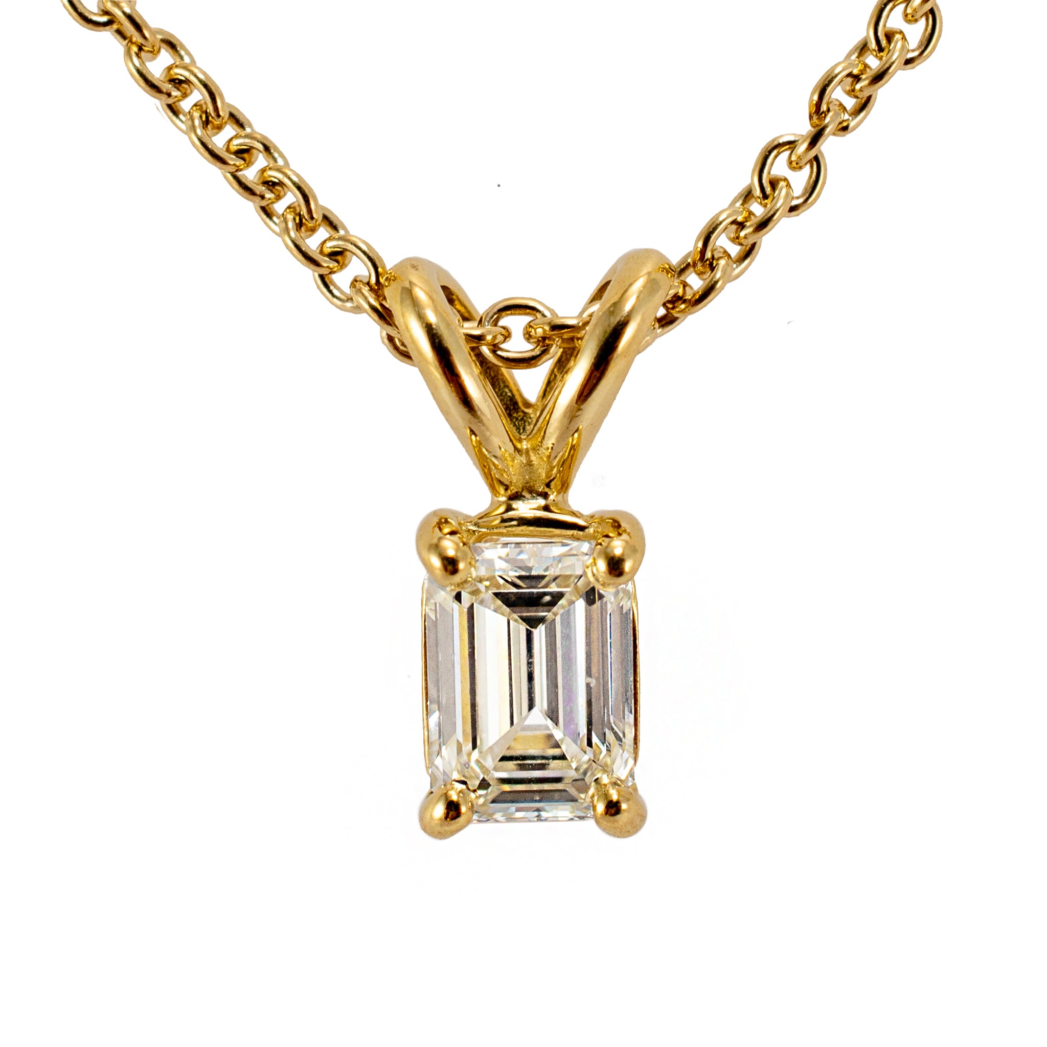 Ladies 18K Yellow Gold GIA 0.50ct Emerald Cut 4 Prong Solitaire Pendant Necklace