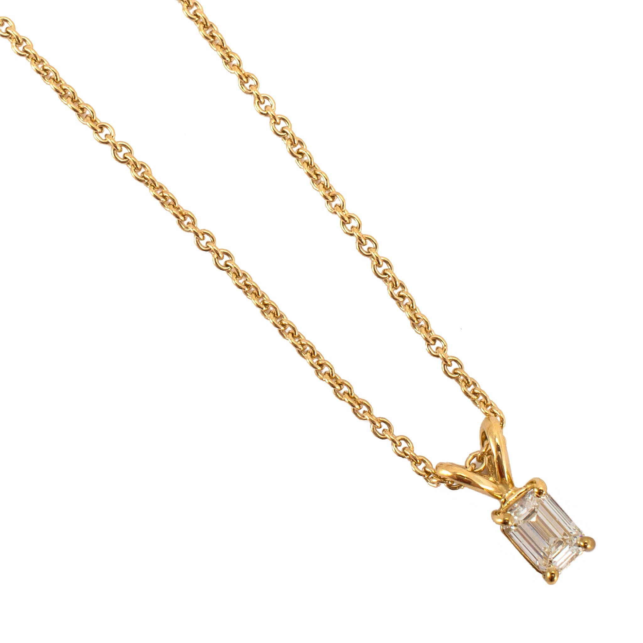 Ladies 18K Yellow Gold GIA 0.50ct Emerald Cut 4 Prong Solitaire Pendant Necklace